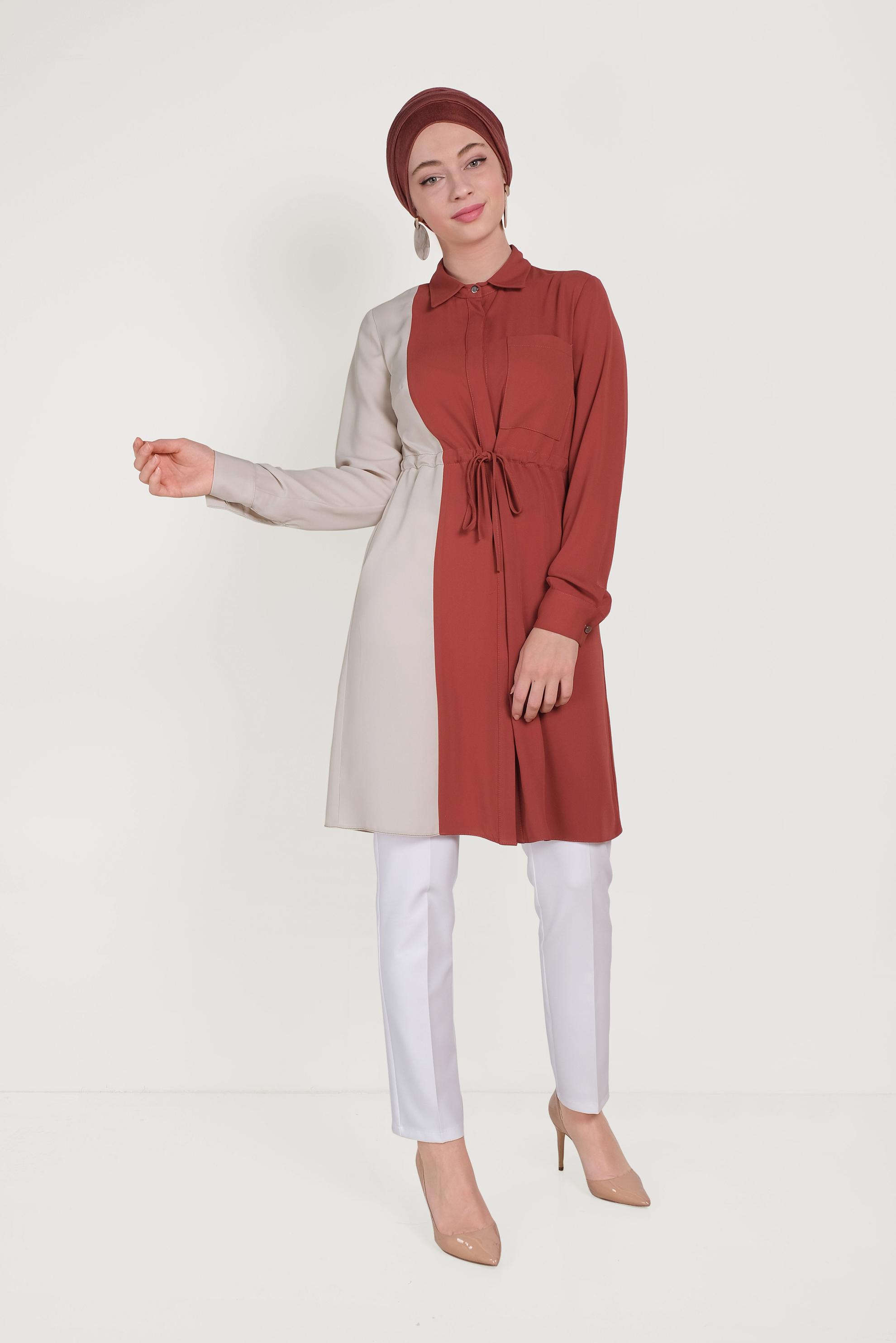 Tesettür giyim TURUNCU PAMUKLU BELİ BÜZGÜLÜ İKİ RENK TUNİK 40560 