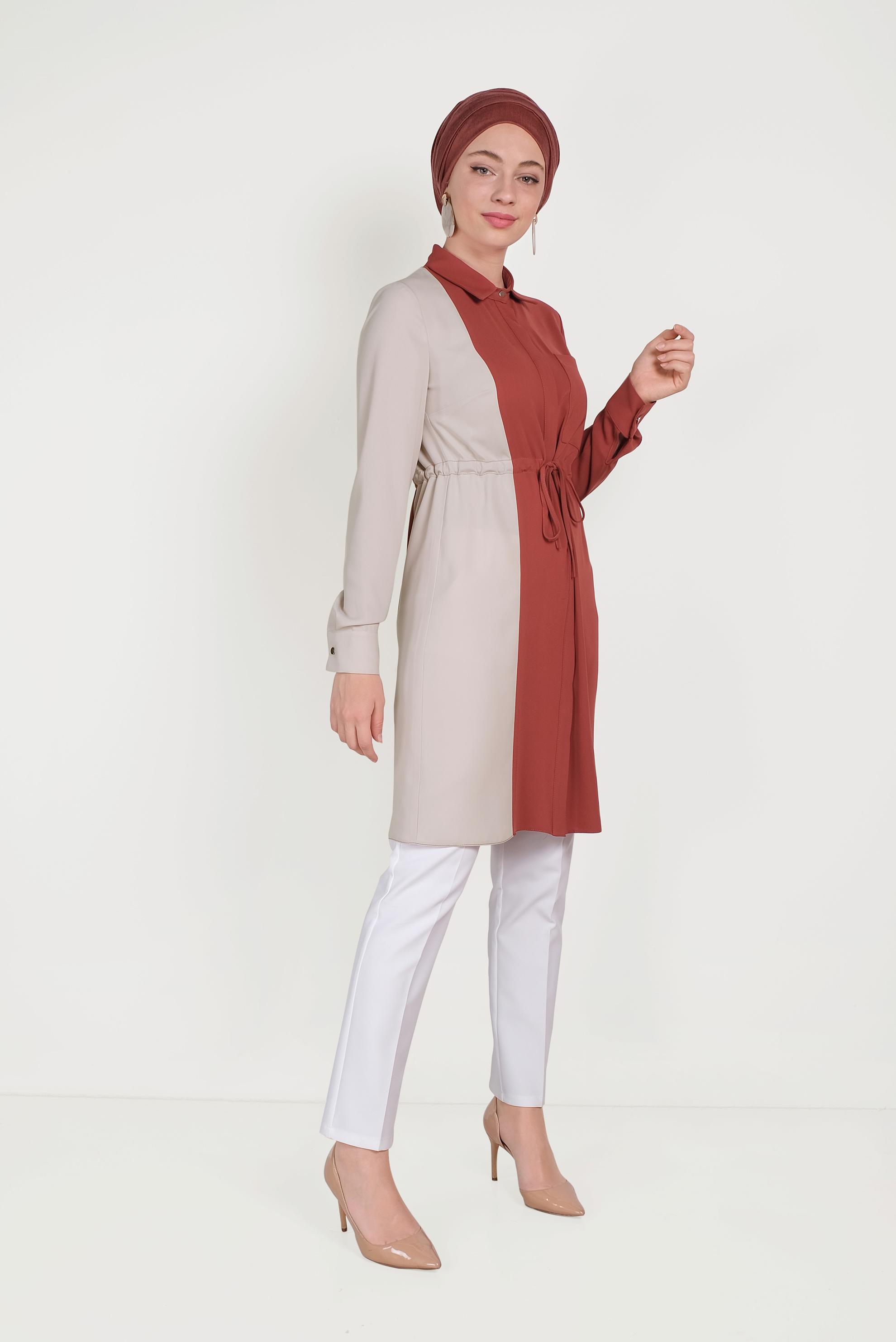 Tesettür giyim TURUNCU PAMUKLU BELİ BÜZGÜLÜ İKİ RENK TUNİK 40560 