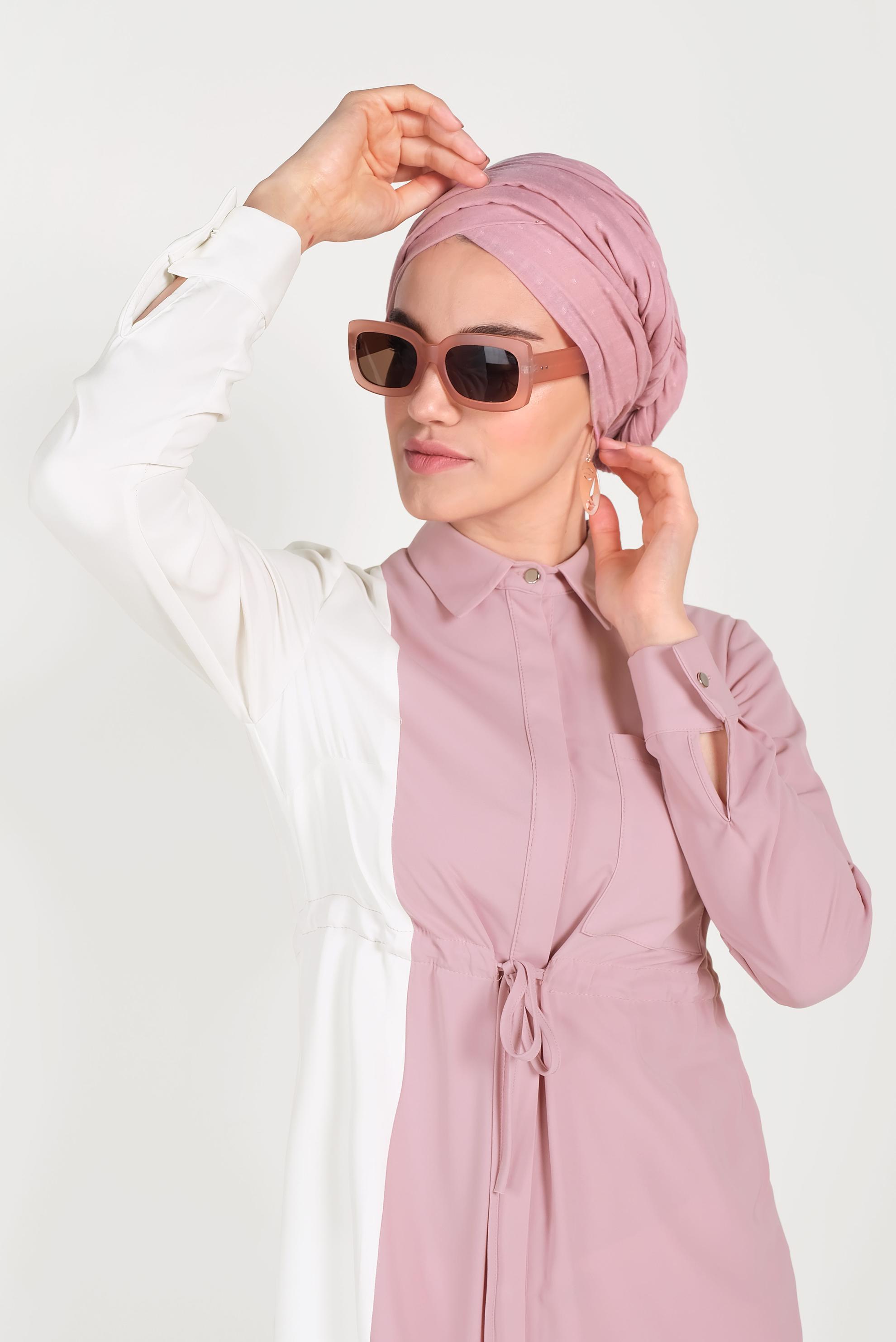 Tesettür giyim PUDRA PAMUKLU BELİ BÜZGÜLÜ İKİ RENK TUNİK 40560 