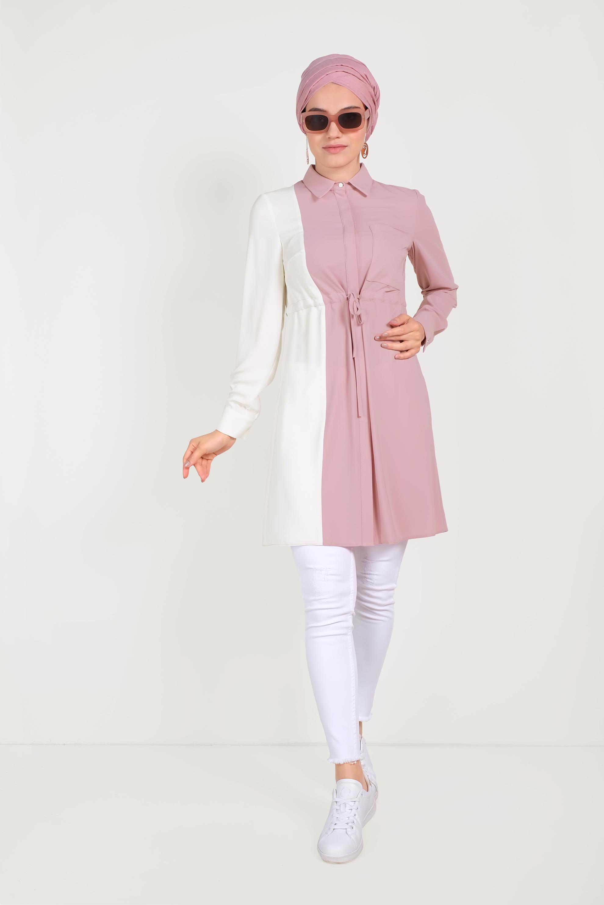 Tesettür giyim PUDRA PAMUKLU BELİ BÜZGÜLÜ İKİ RENK TUNİK 40560 
