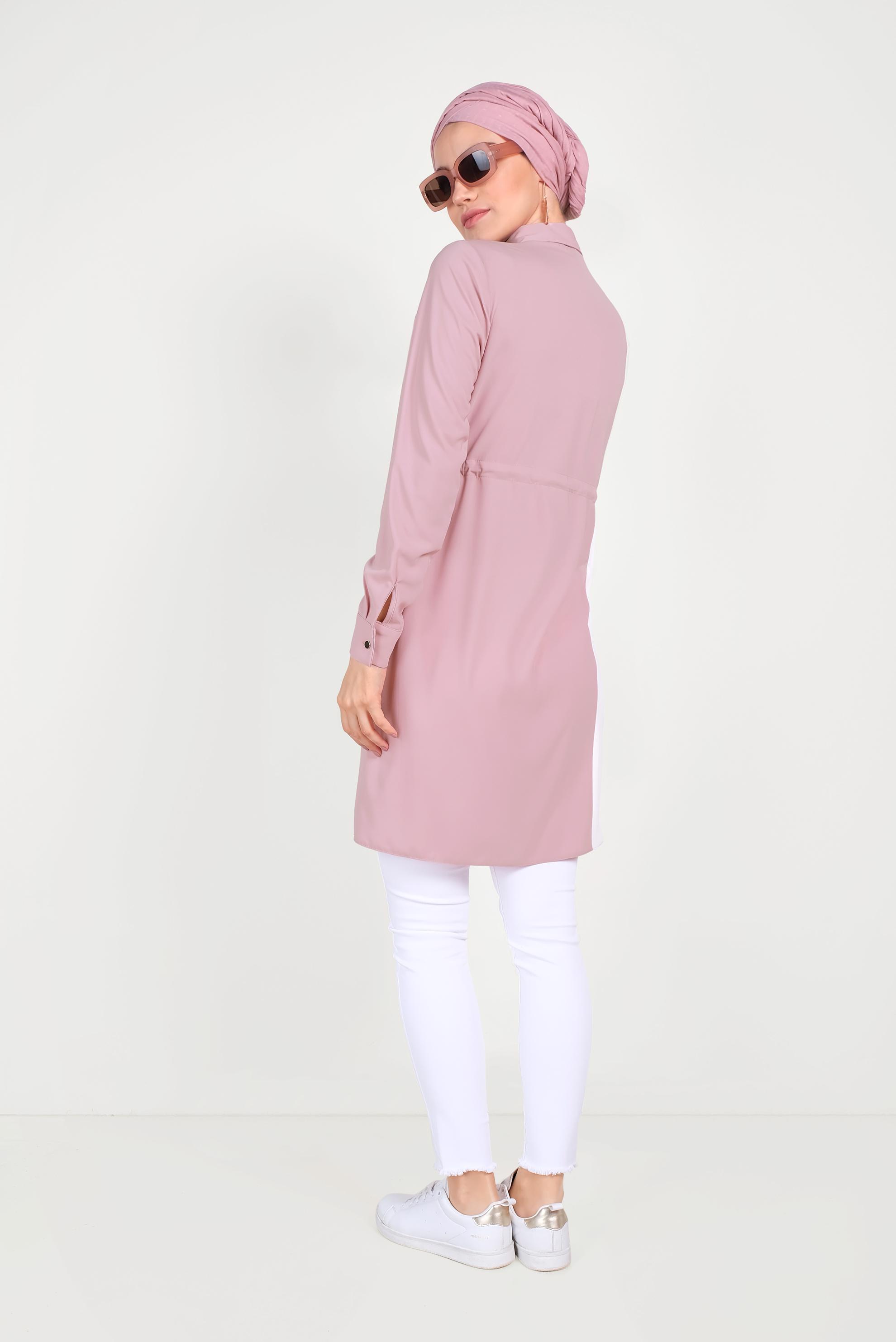 Tesettür giyim PUDRA PAMUKLU BELİ BÜZGÜLÜ İKİ RENK TUNİK 40560 