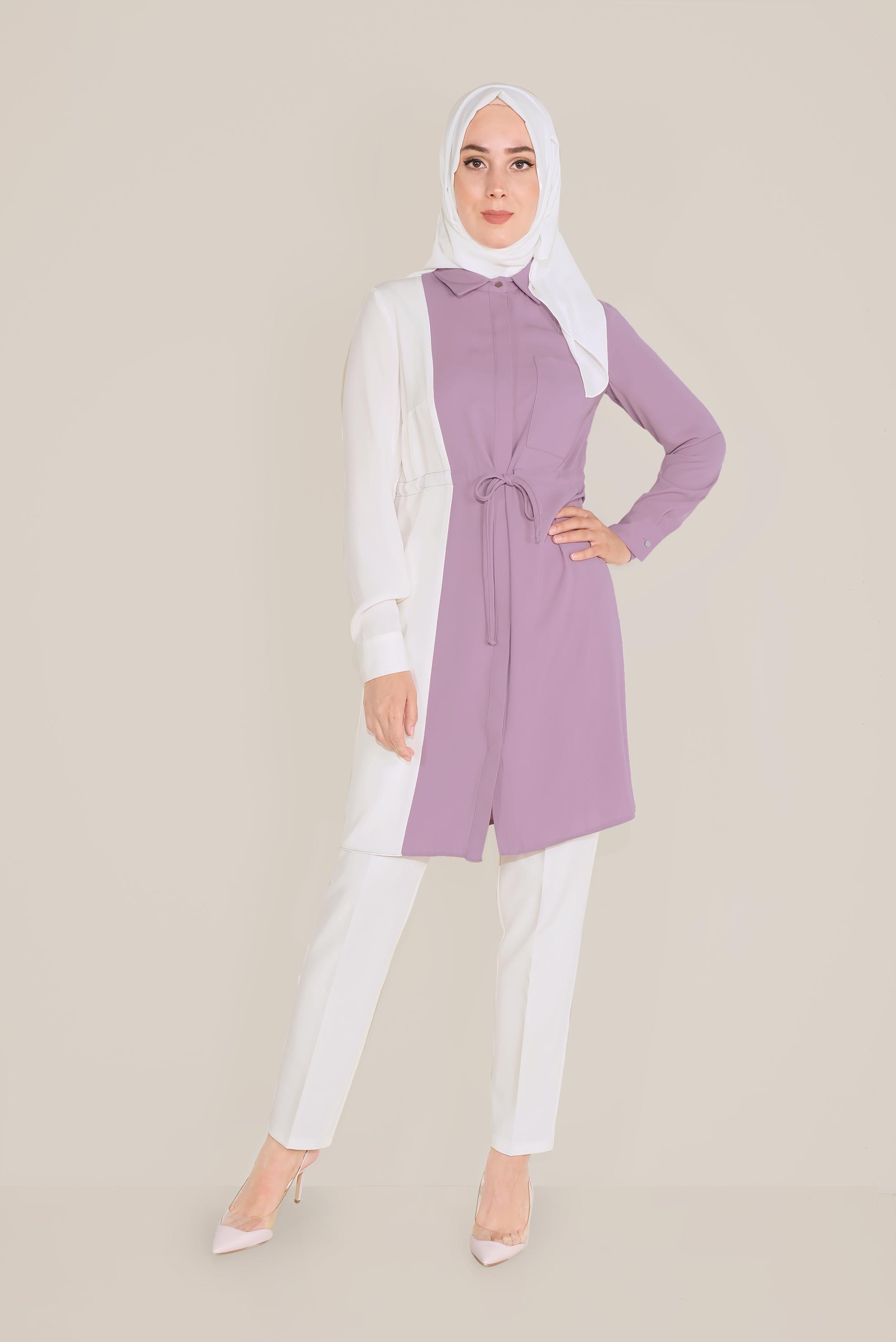 Tesettür giyim MOR PAMUKLU BELİ BÜZGÜLÜ İKİ RENK TUNİK 40560 