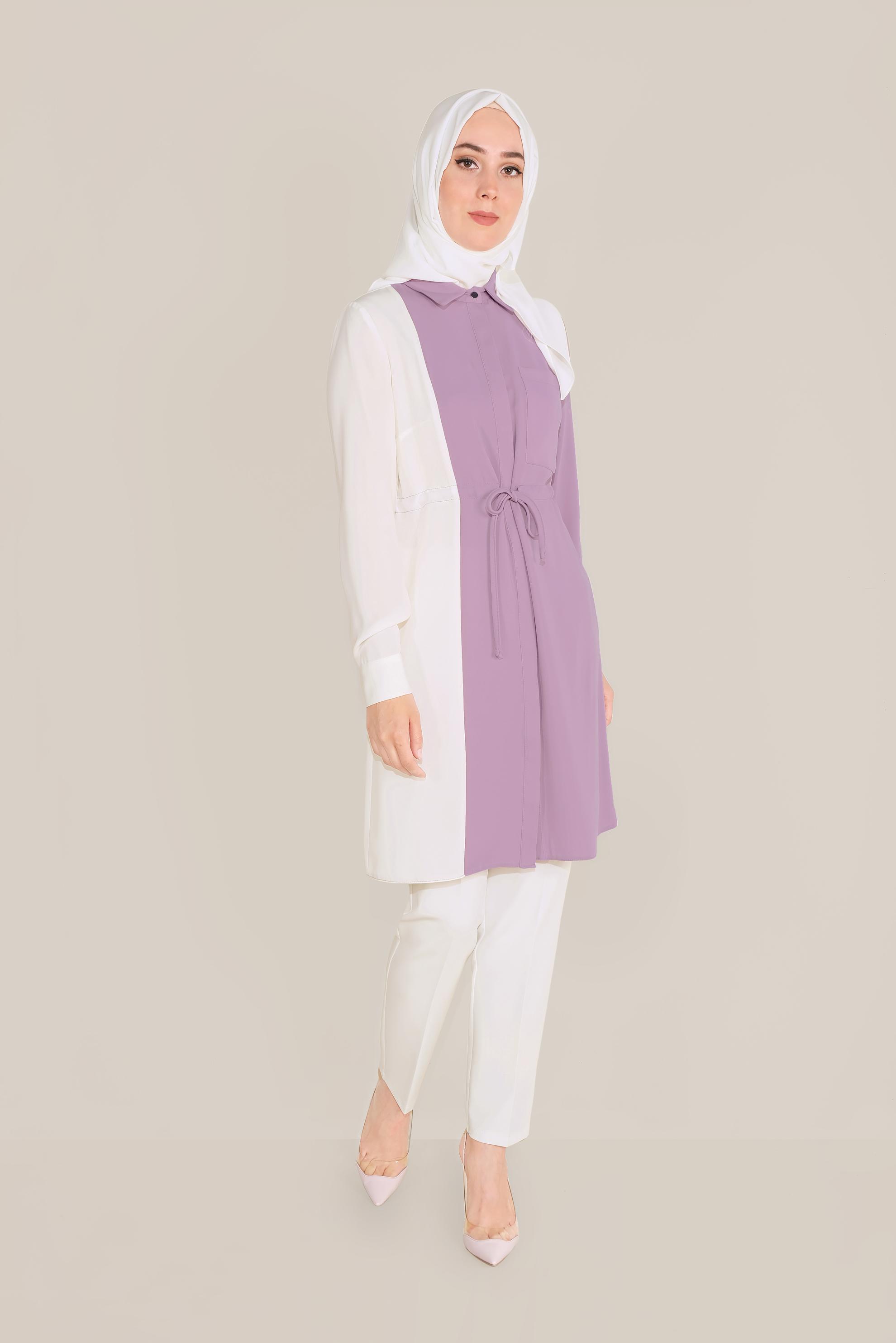 Tesettür giyim MOR PAMUKLU BELİ BÜZGÜLÜ İKİ RENK TUNİK 40560 