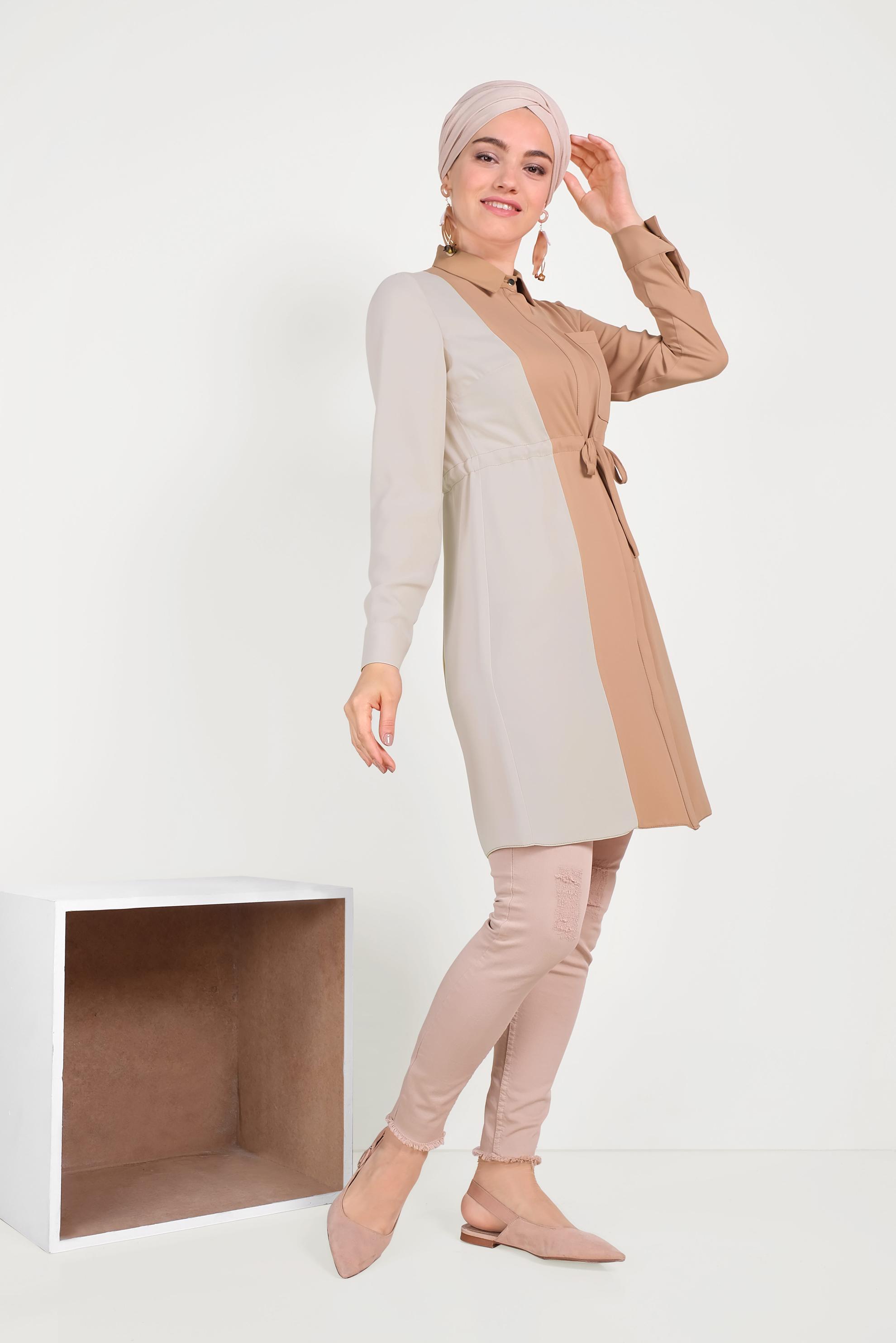 Tesettür giyim PEMBE PAMUKLU BELİ BÜZGÜLÜ İKİ RENK TUNİK 40560 