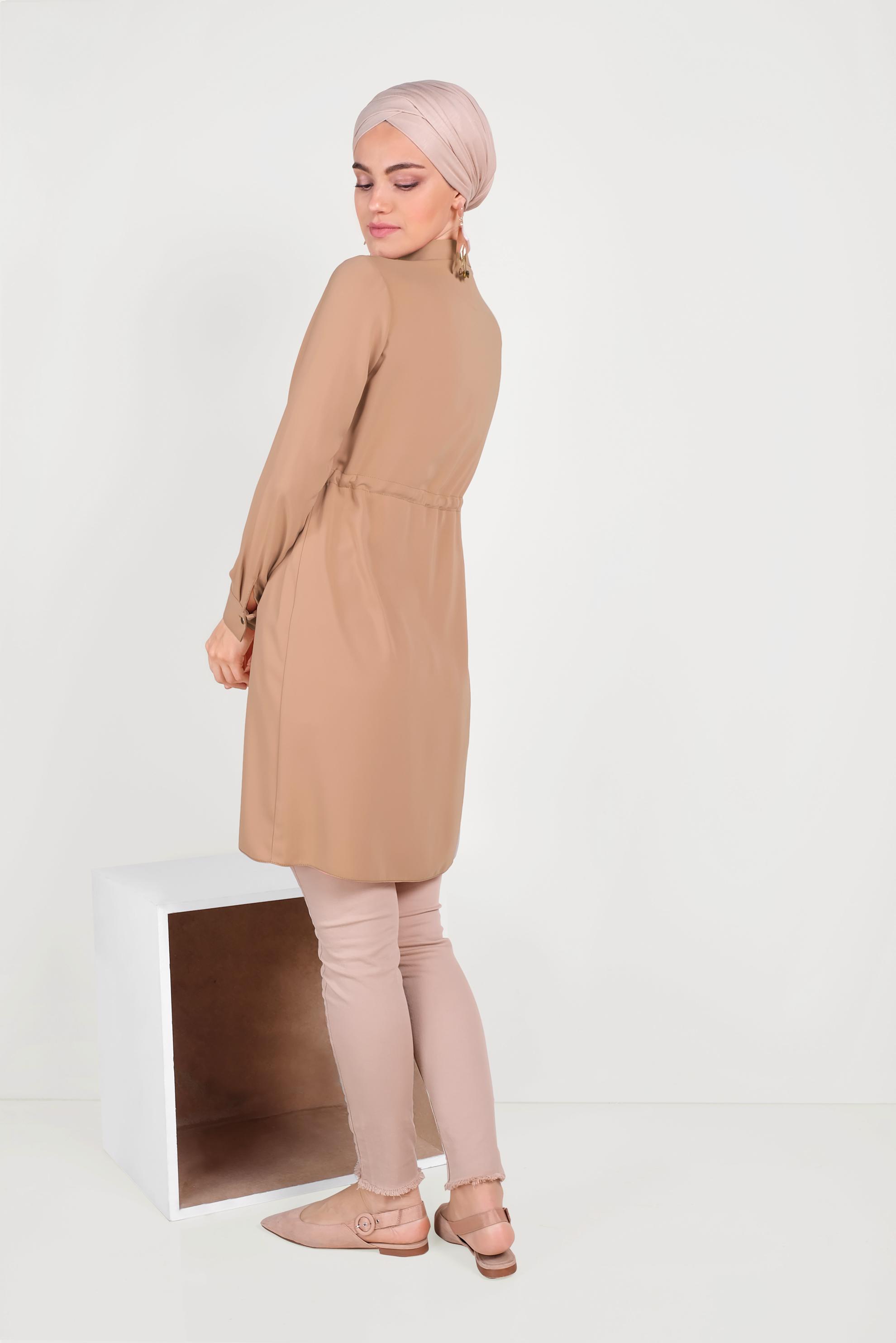 Tesettür giyim PEMBE PAMUKLU BELİ BÜZGÜLÜ İKİ RENK TUNİK 40560 