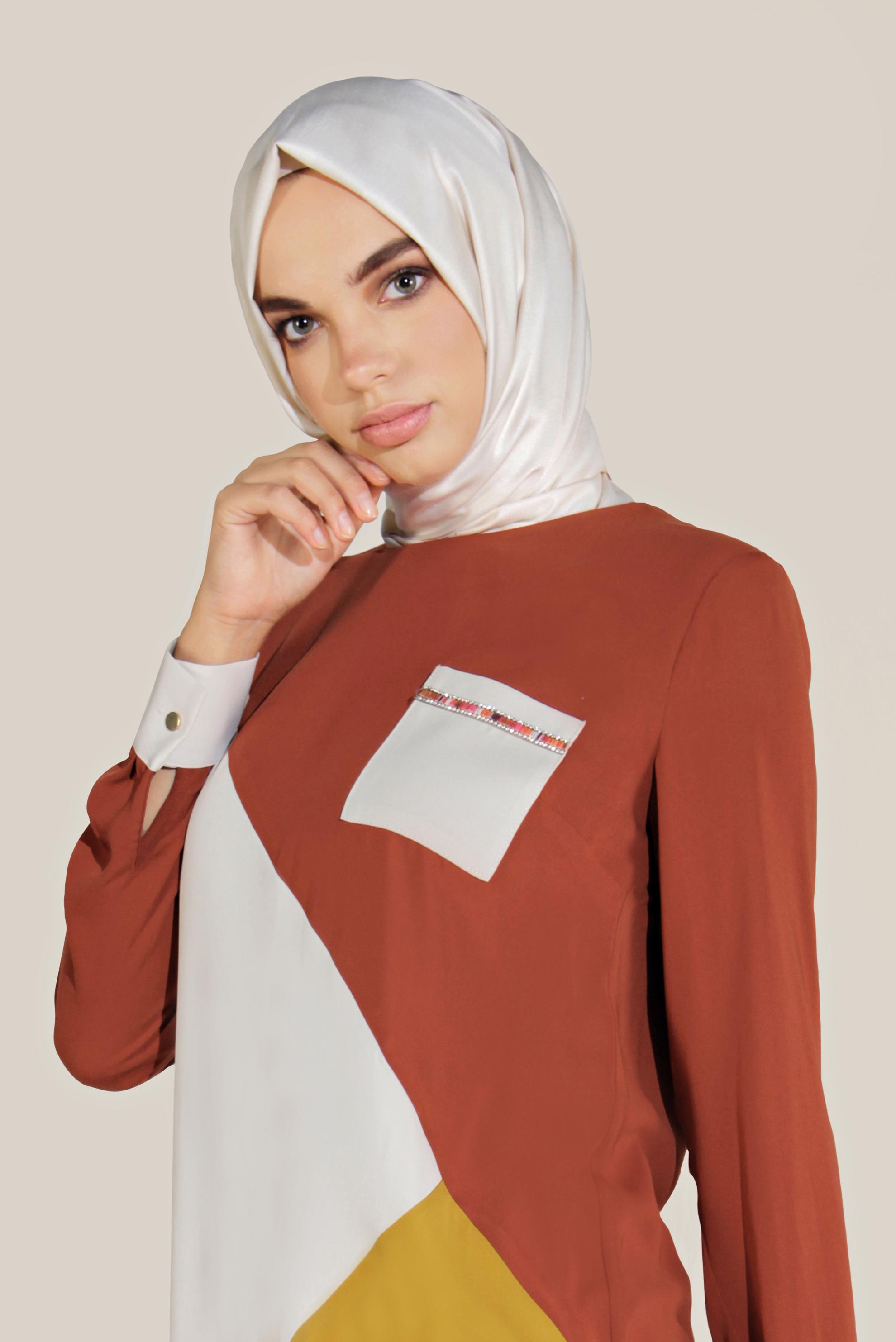 Tesettür giyim TURUNCU CEP DETAYLI TUNİK 40561 