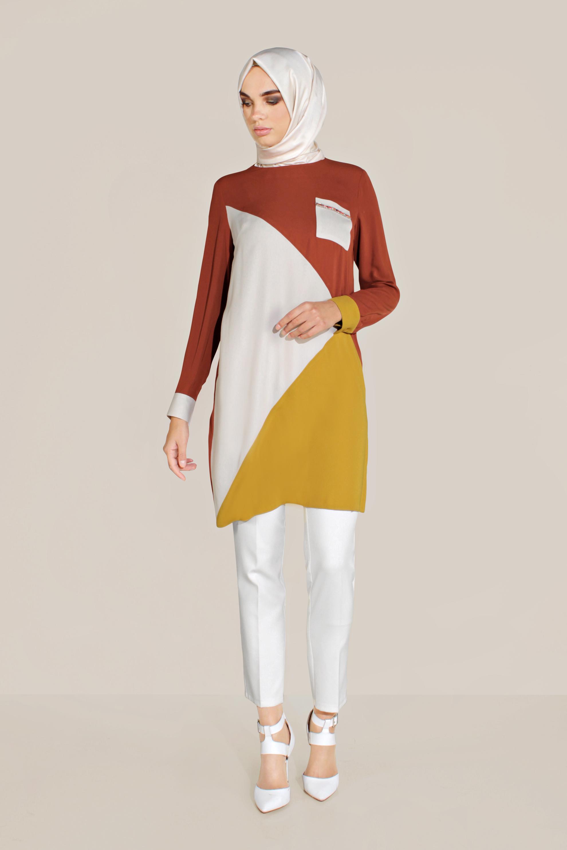Tesettür giyim TURUNCU CEP DETAYLI TUNİK 40561 