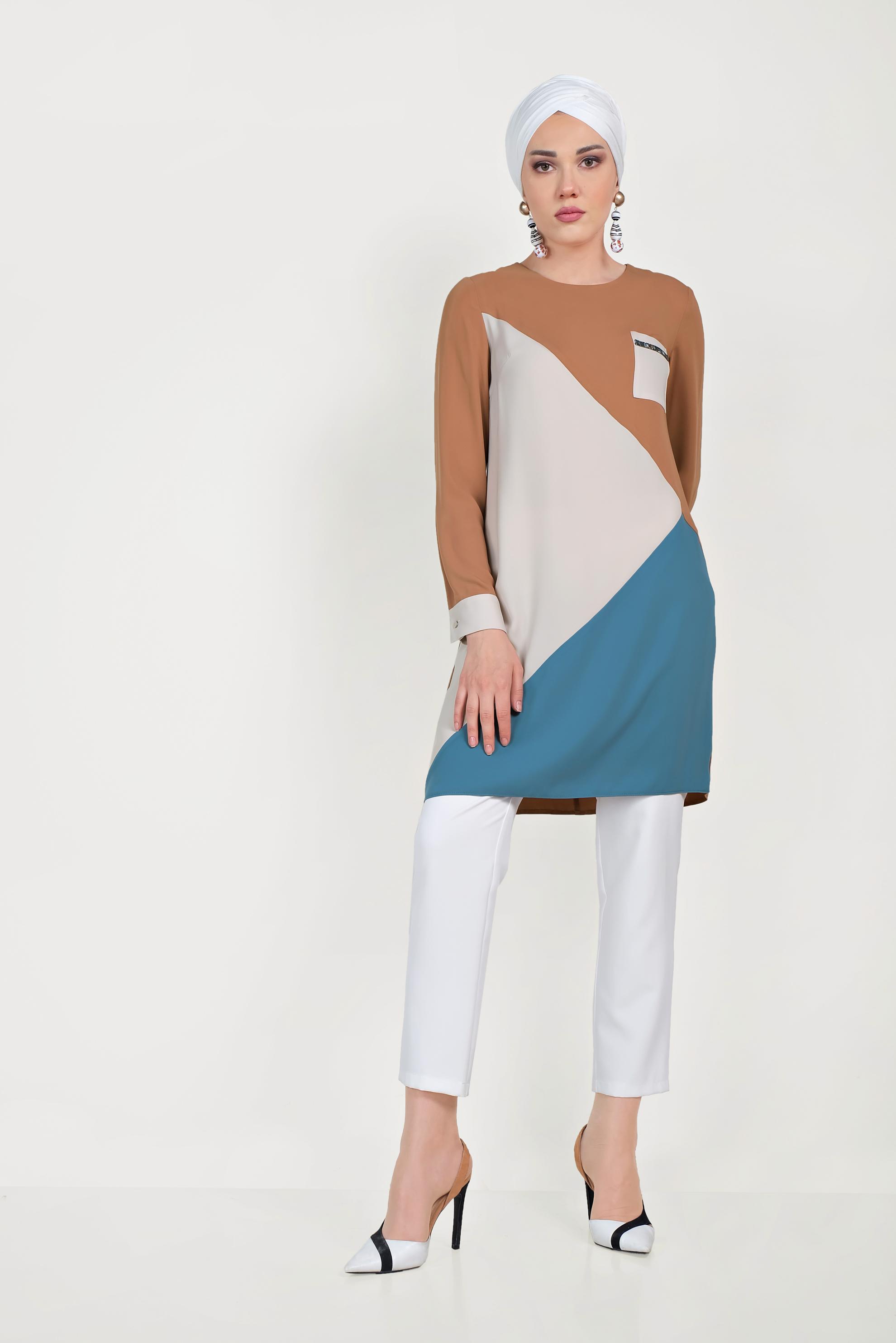 Tesettür giyim KAHVE CEP DETAYLI TUNİK 40561 