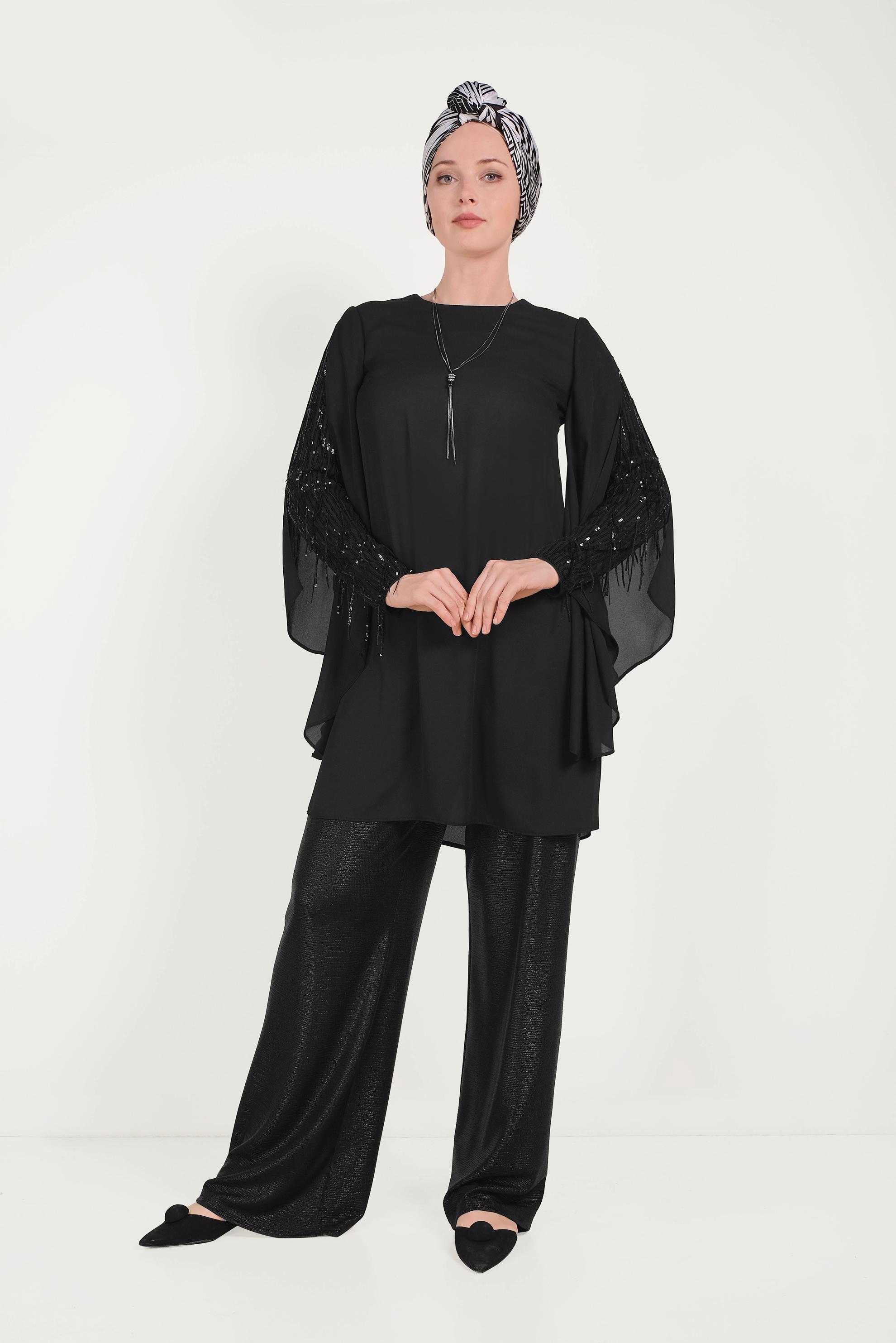 Tesettür giyim SİYAH KOLLARI SAÇAKLI ŞİFON TUNİK 40562