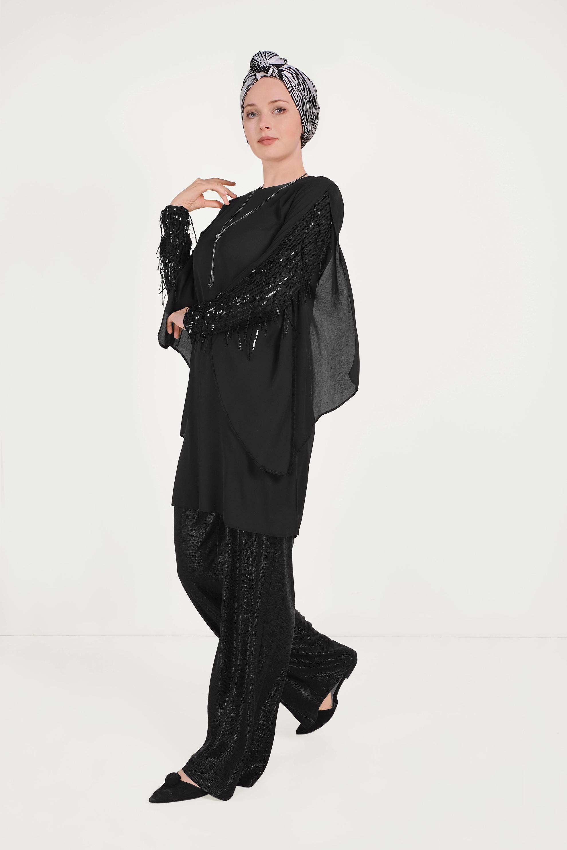 Tesettür giyim SİYAH KOLLARI SAÇAKLI ŞİFON TUNİK 40562