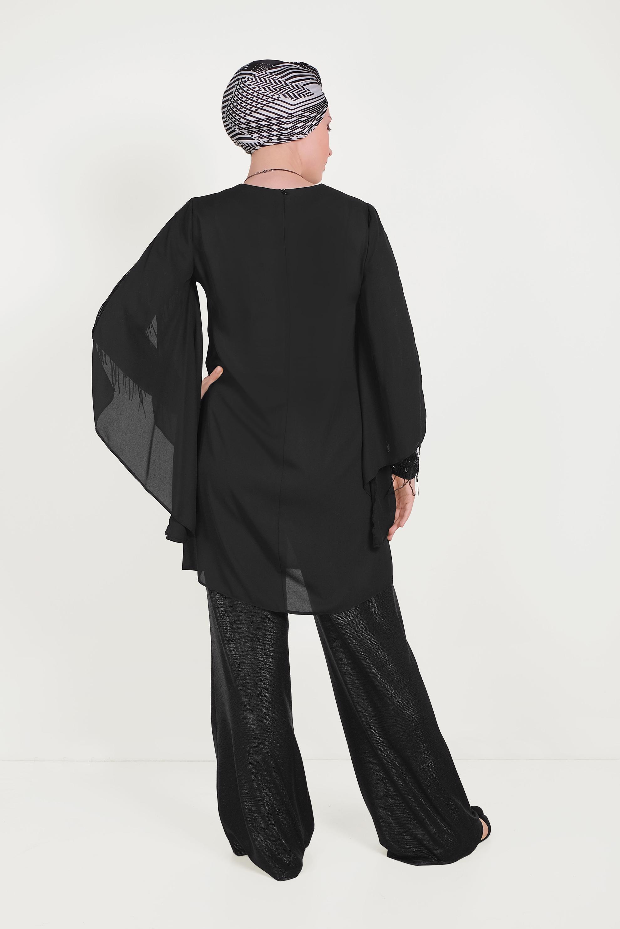 Tesettür giyim SİYAH KOLLARI SAÇAKLI ŞİFON TUNİK 40562