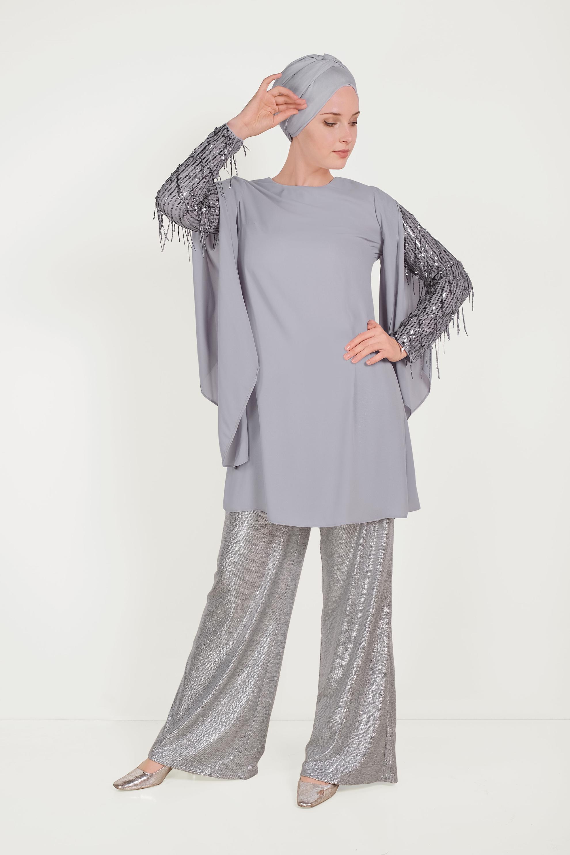 Tesettür giyim GRİ KOLLARI SAÇAKLI ŞİFON TUNİK 40562