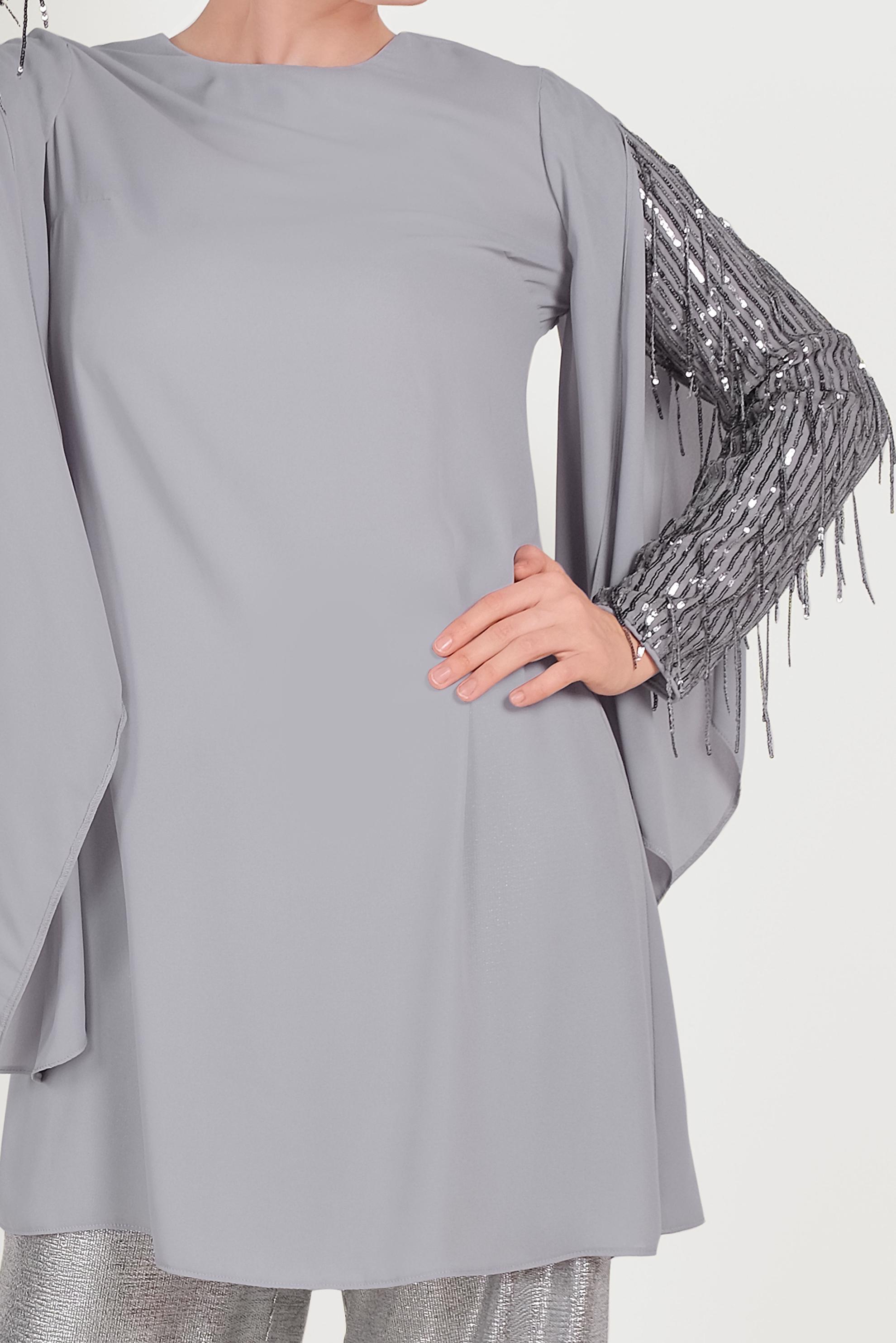Tesettür giyim GRİ KOLLARI SAÇAKLI ŞİFON TUNİK 40562