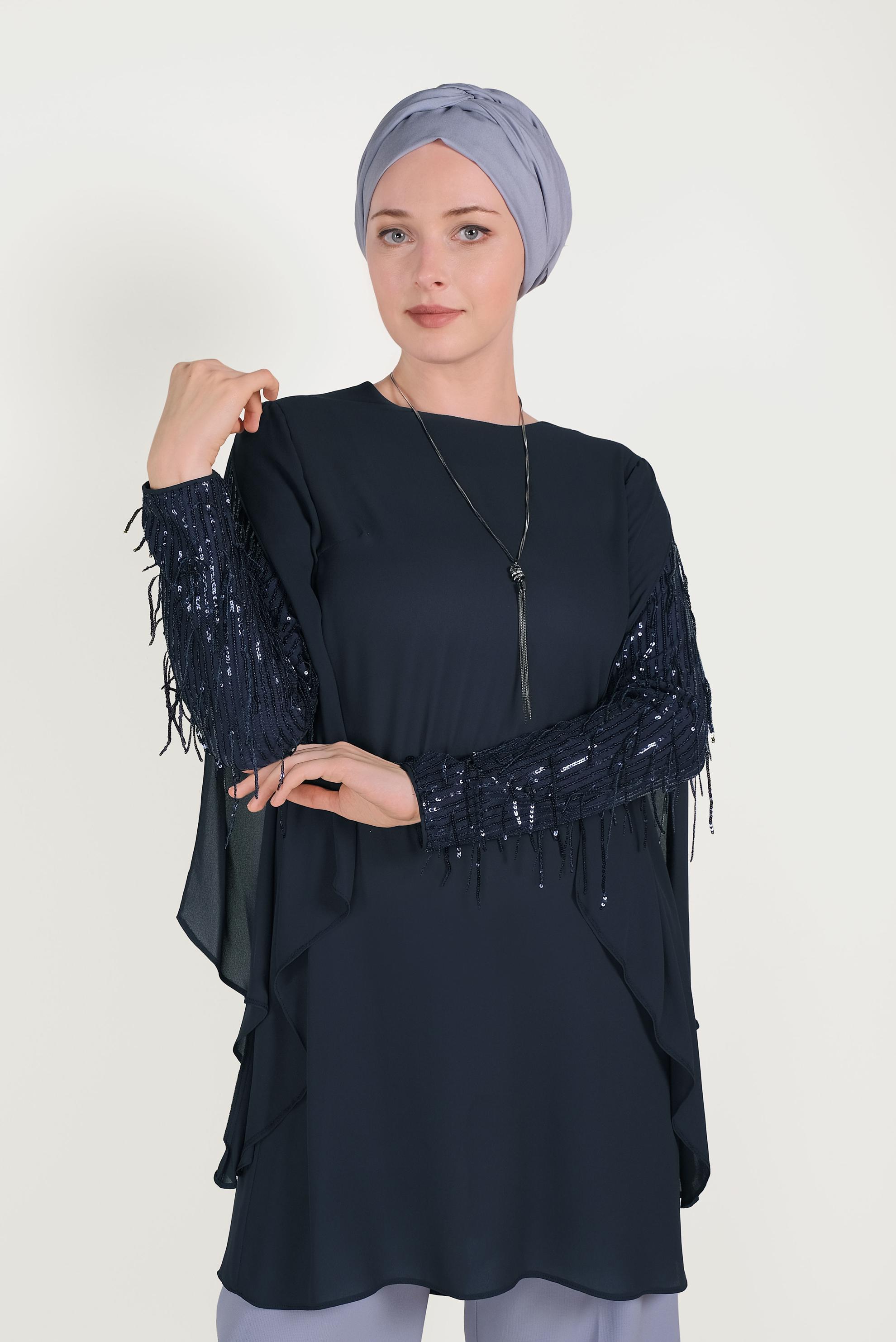 Tesettür giyim LACİVERT KOLLARI SAÇAKLI ŞİFON TUNİK 40562