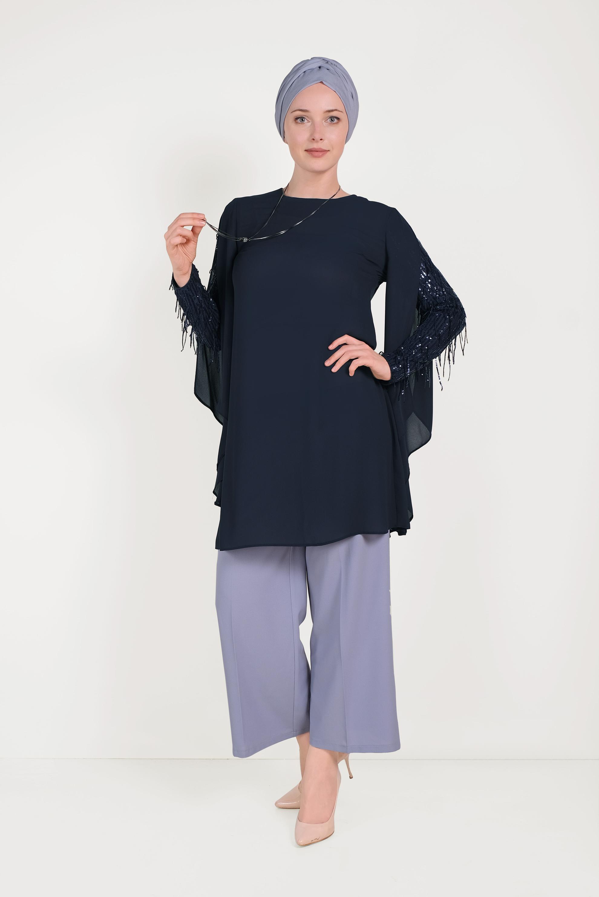 Tesettür giyim LACİVERT KOLLARI SAÇAKLI ŞİFON TUNİK 40562