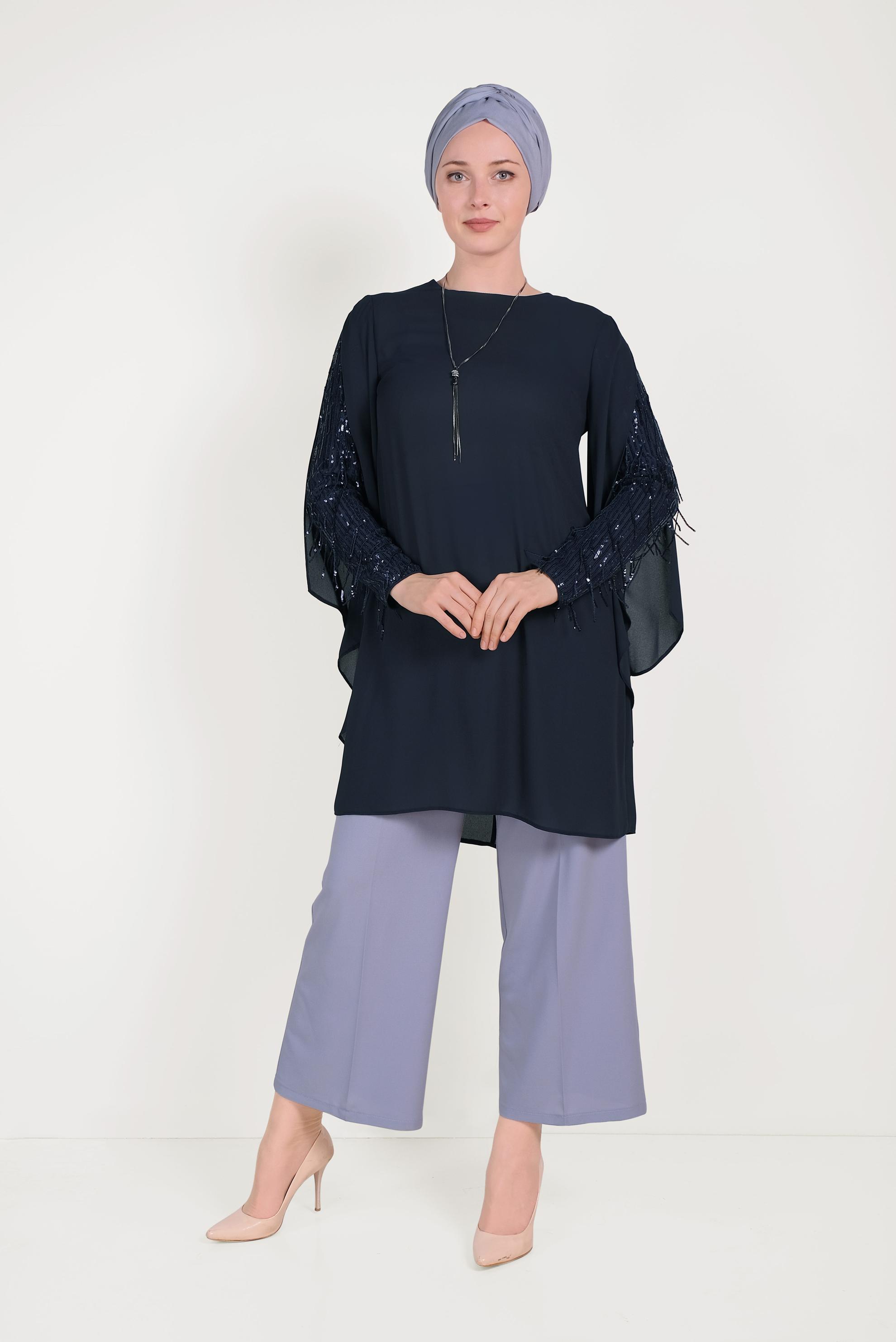 Tesettür giyim LACİVERT KOLLARI SAÇAKLI ŞİFON TUNİK 40562