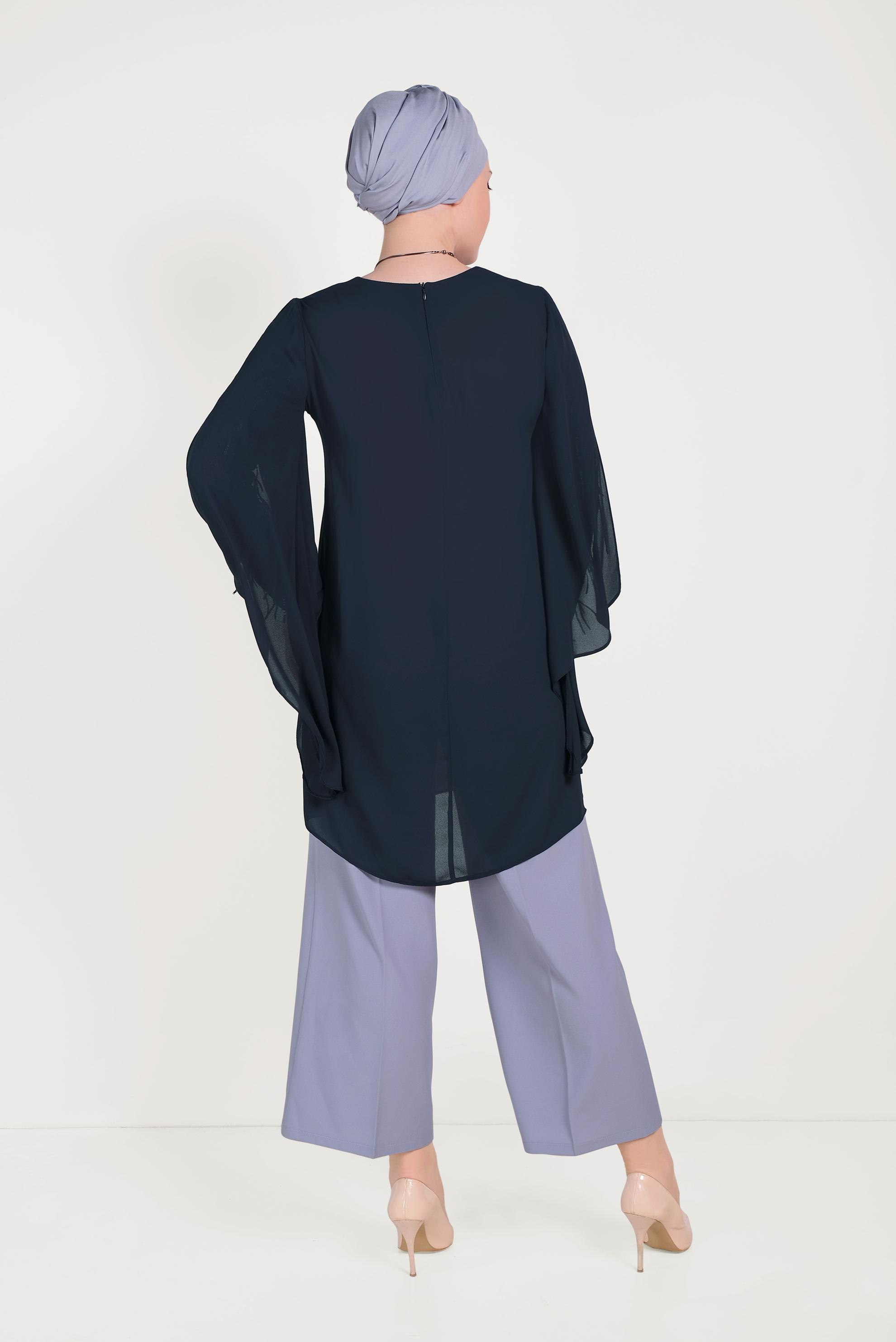 Tesettür giyim LACİVERT KOLLARI SAÇAKLI ŞİFON TUNİK 40562