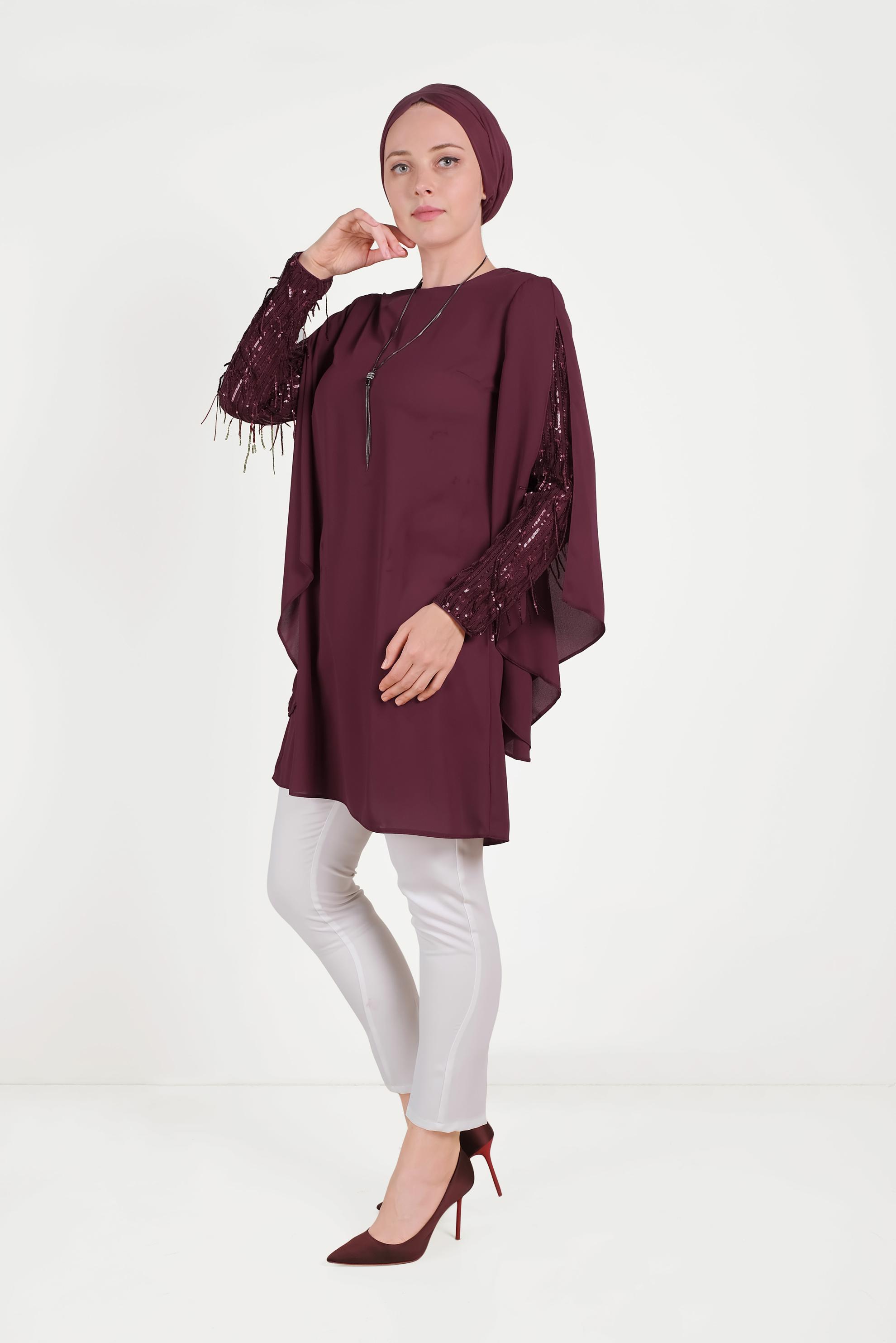 Tesettür giyim BORDO KOLLARI SAÇAKLI ŞİFON TUNİK 40562