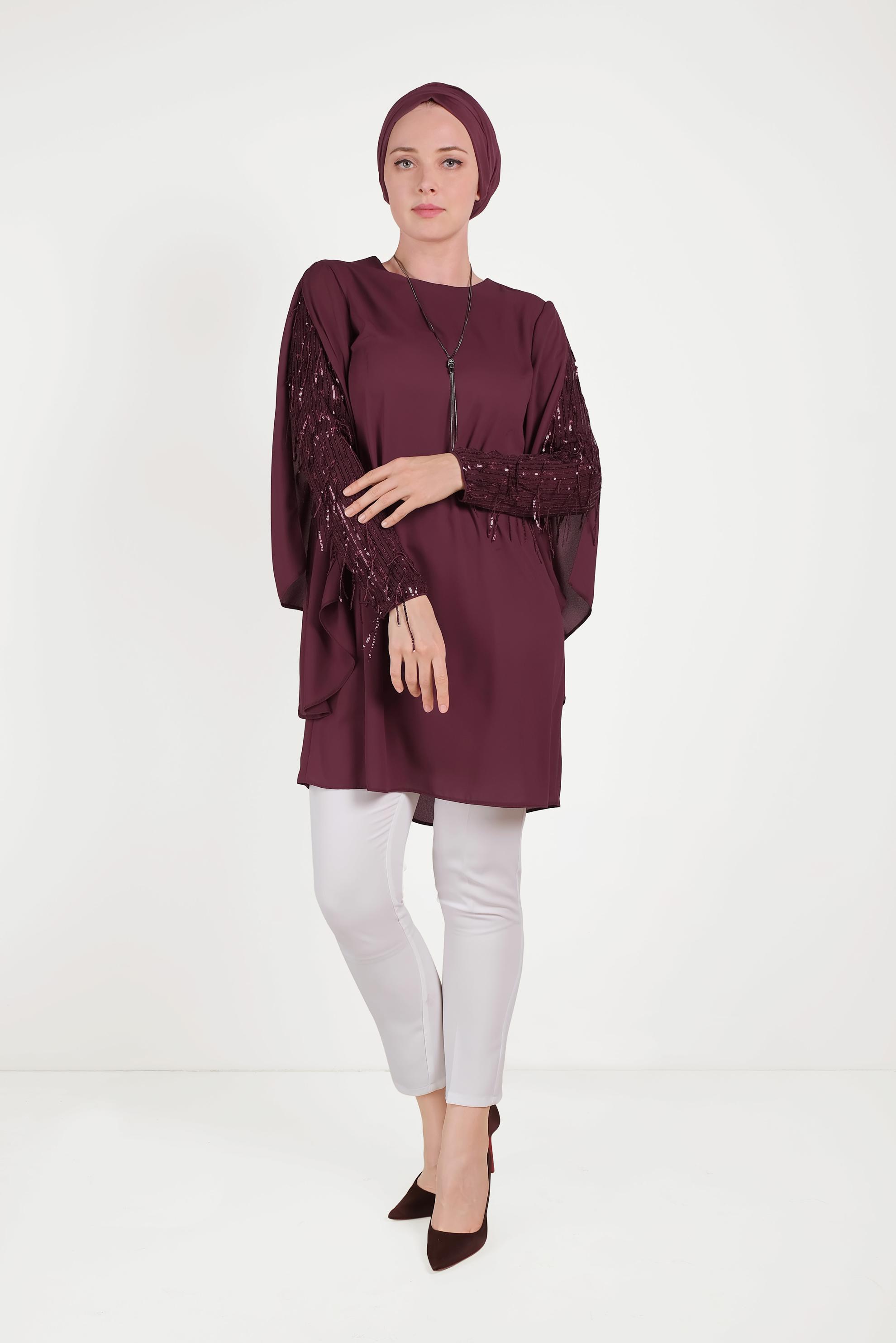 Tesettür giyim BORDO KOLLARI SAÇAKLI ŞİFON TUNİK 40562