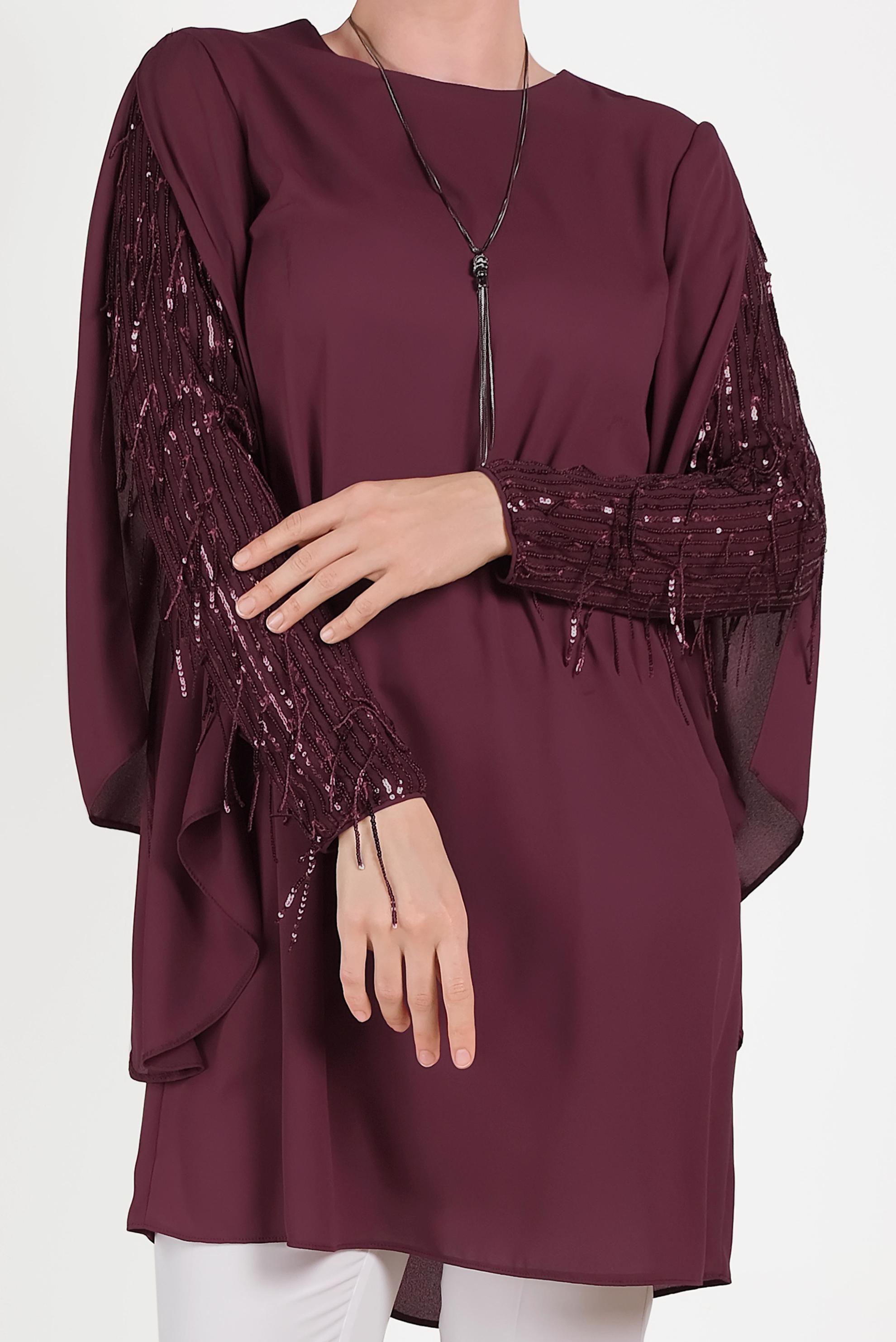 Tesettür giyim BORDO KOLLARI SAÇAKLI ŞİFON TUNİK 40562