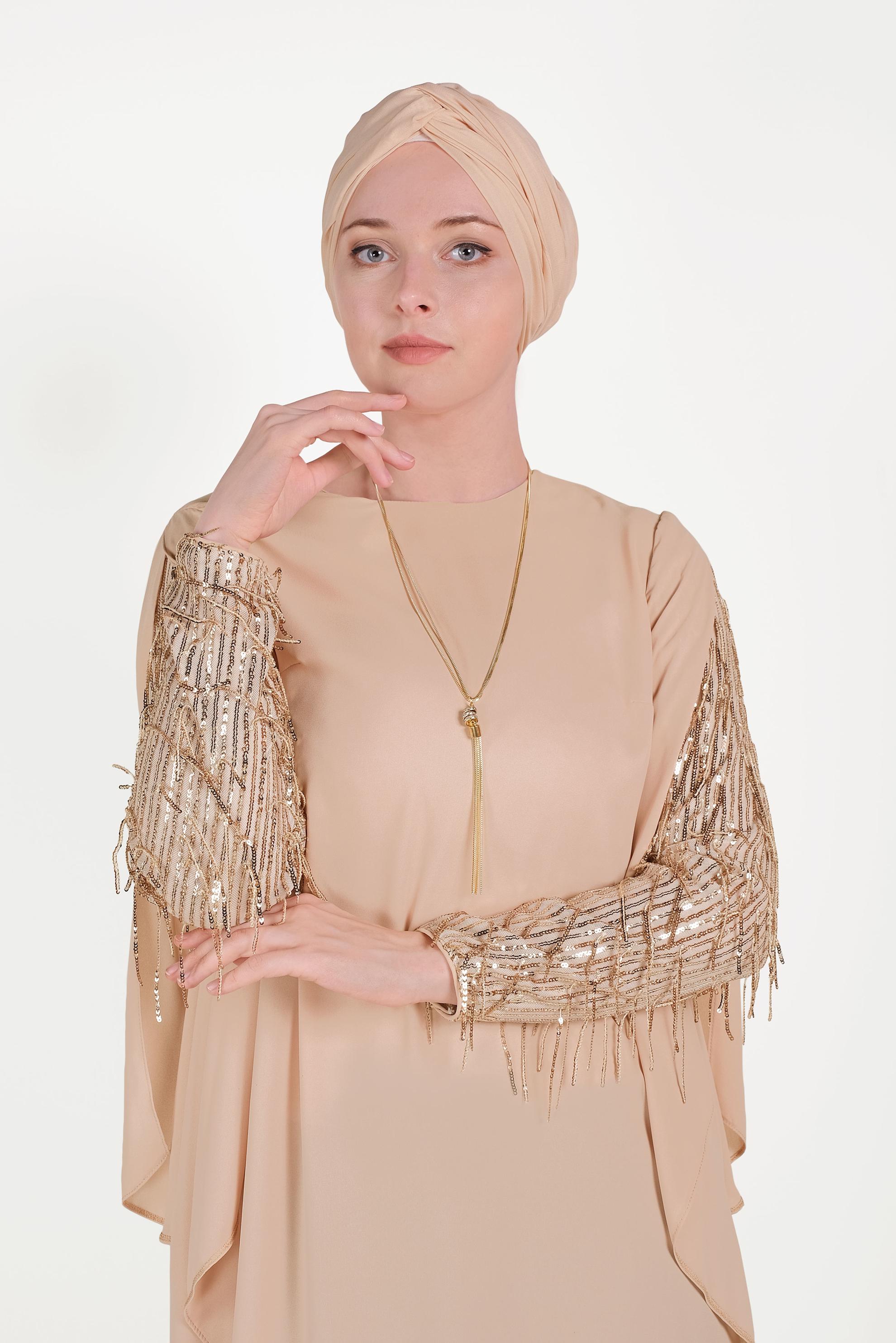 Tesettür giyim BEJ KOLLARI SAÇAKLI ŞİFON TUNİK 40562