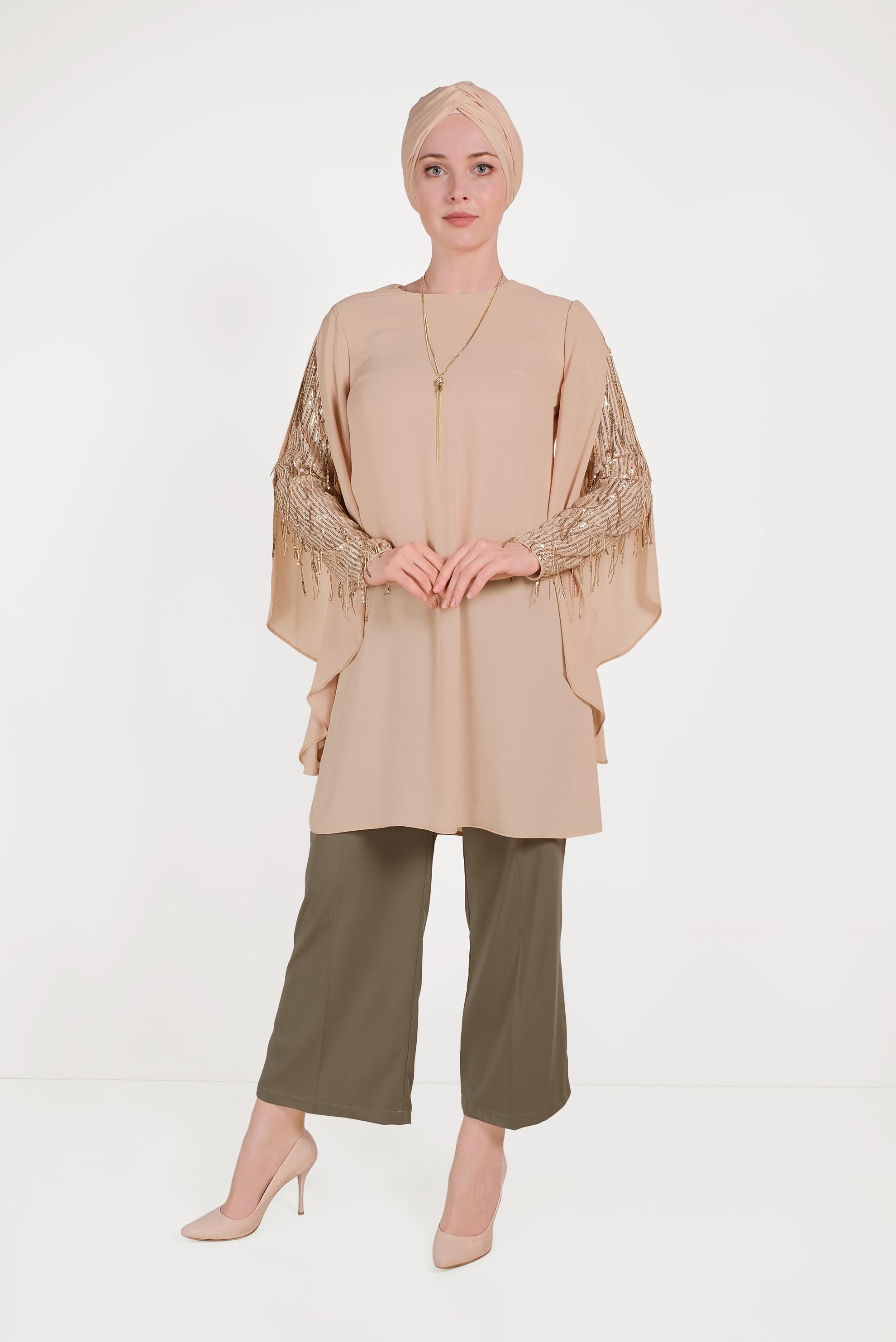 Tesettür giyim BEJ KOLLARI SAÇAKLI ŞİFON TUNİK 40562