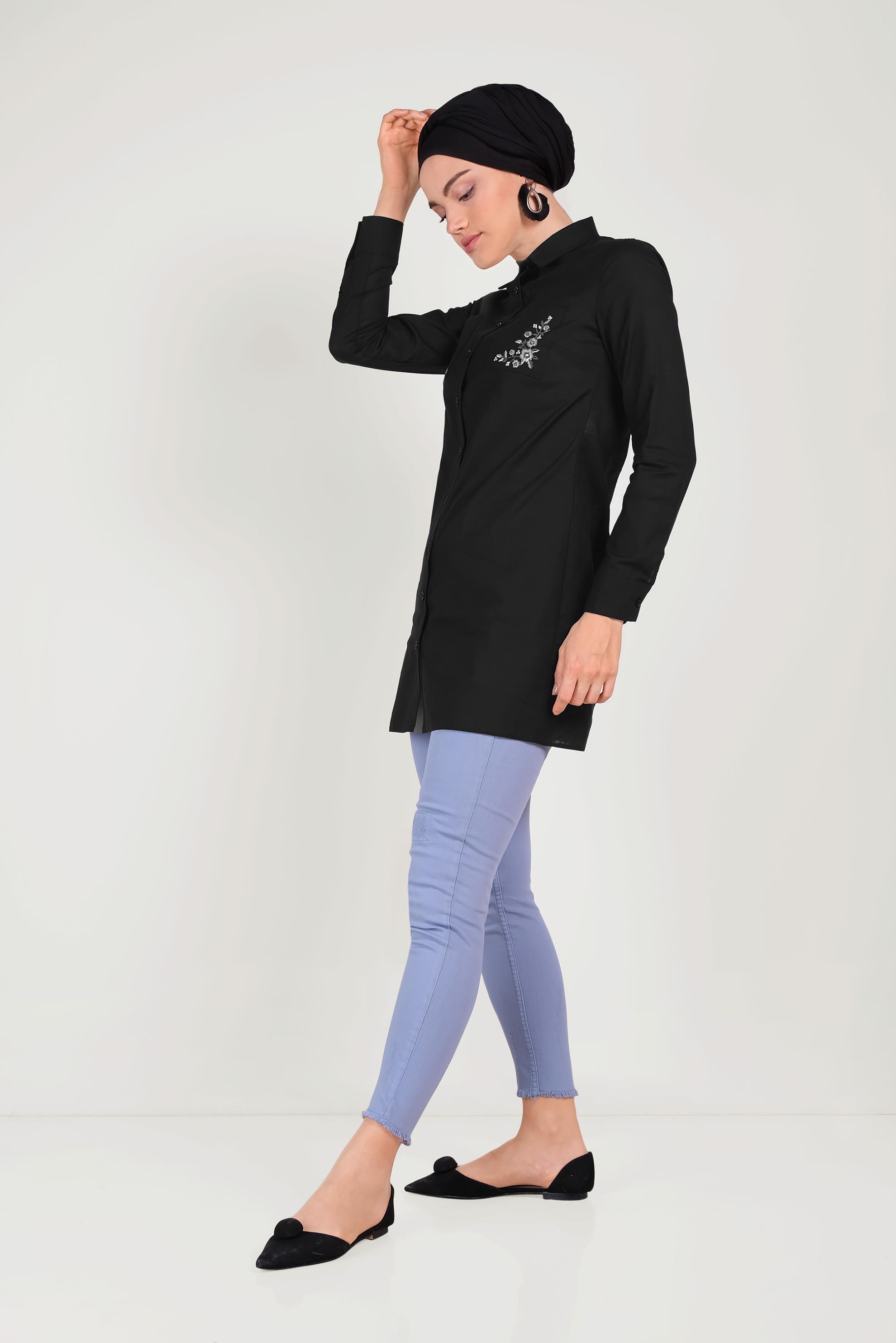 Tesettür giyim SİYAH CEPLERİ NAKIŞLI TUNİK 40563 