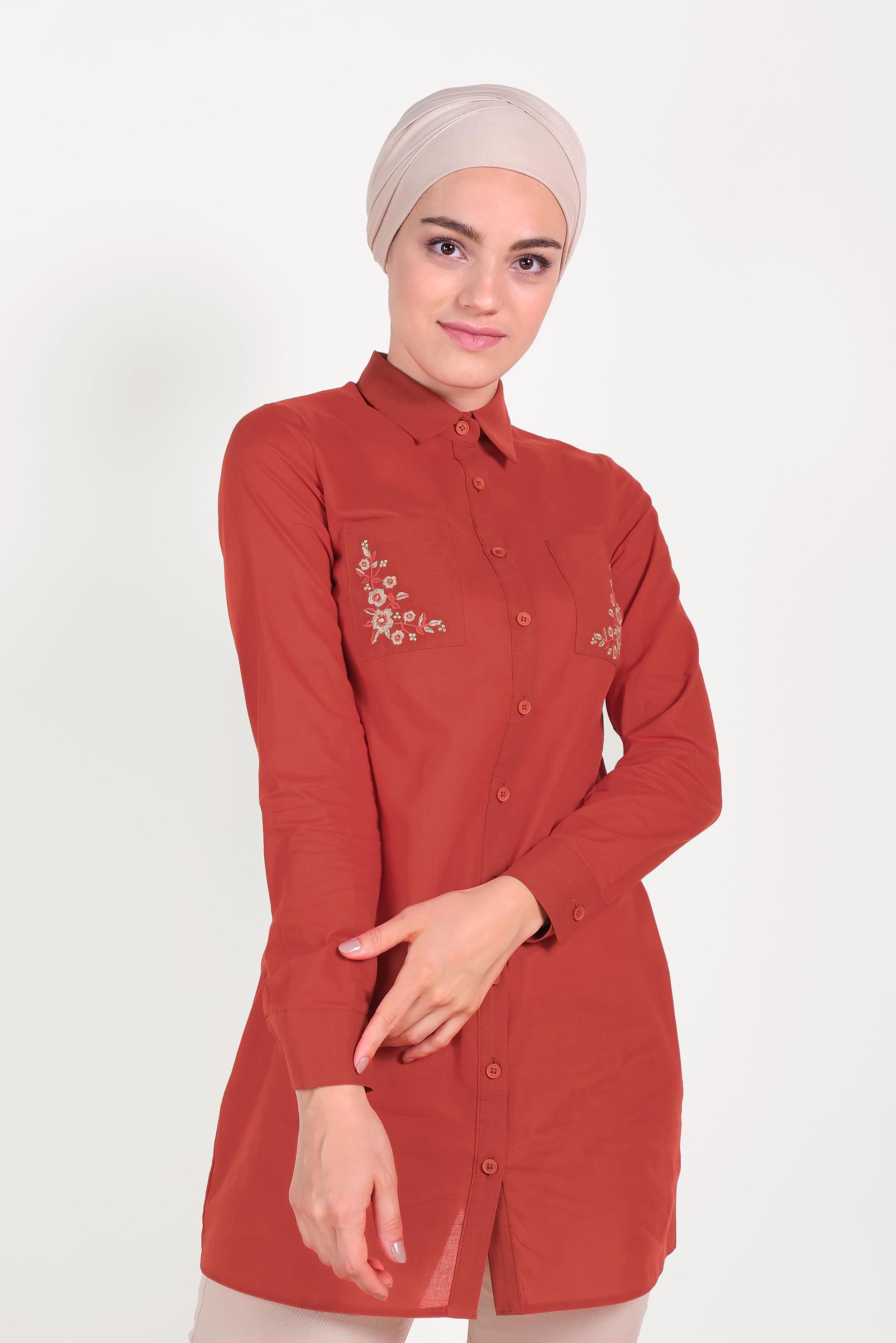 Tesettür giyim TURUNCU CEPLERİ NAKIŞLI TUNİK 40563 