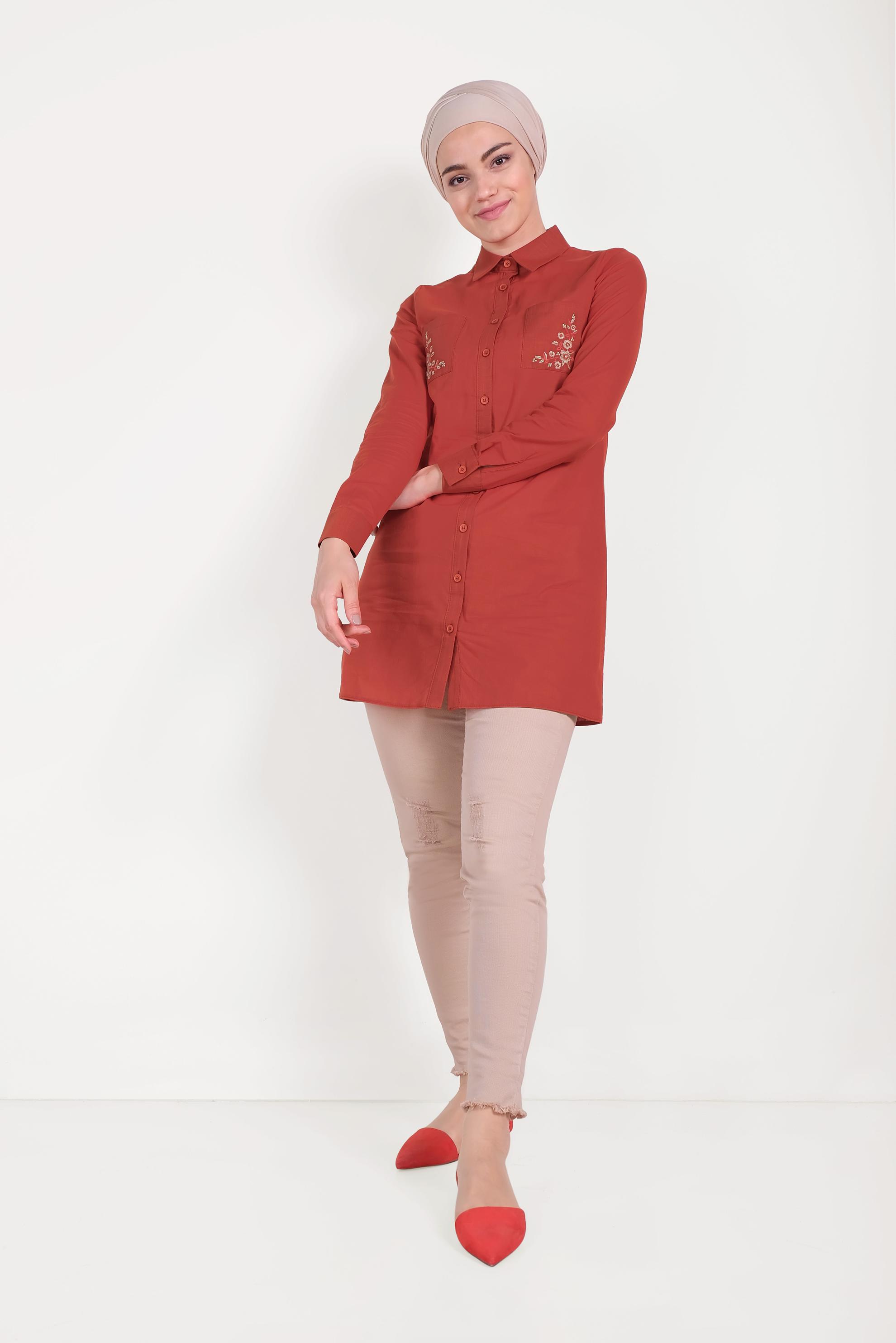 Tesettür giyim TURUNCU CEPLERİ NAKIŞLI TUNİK 40563 