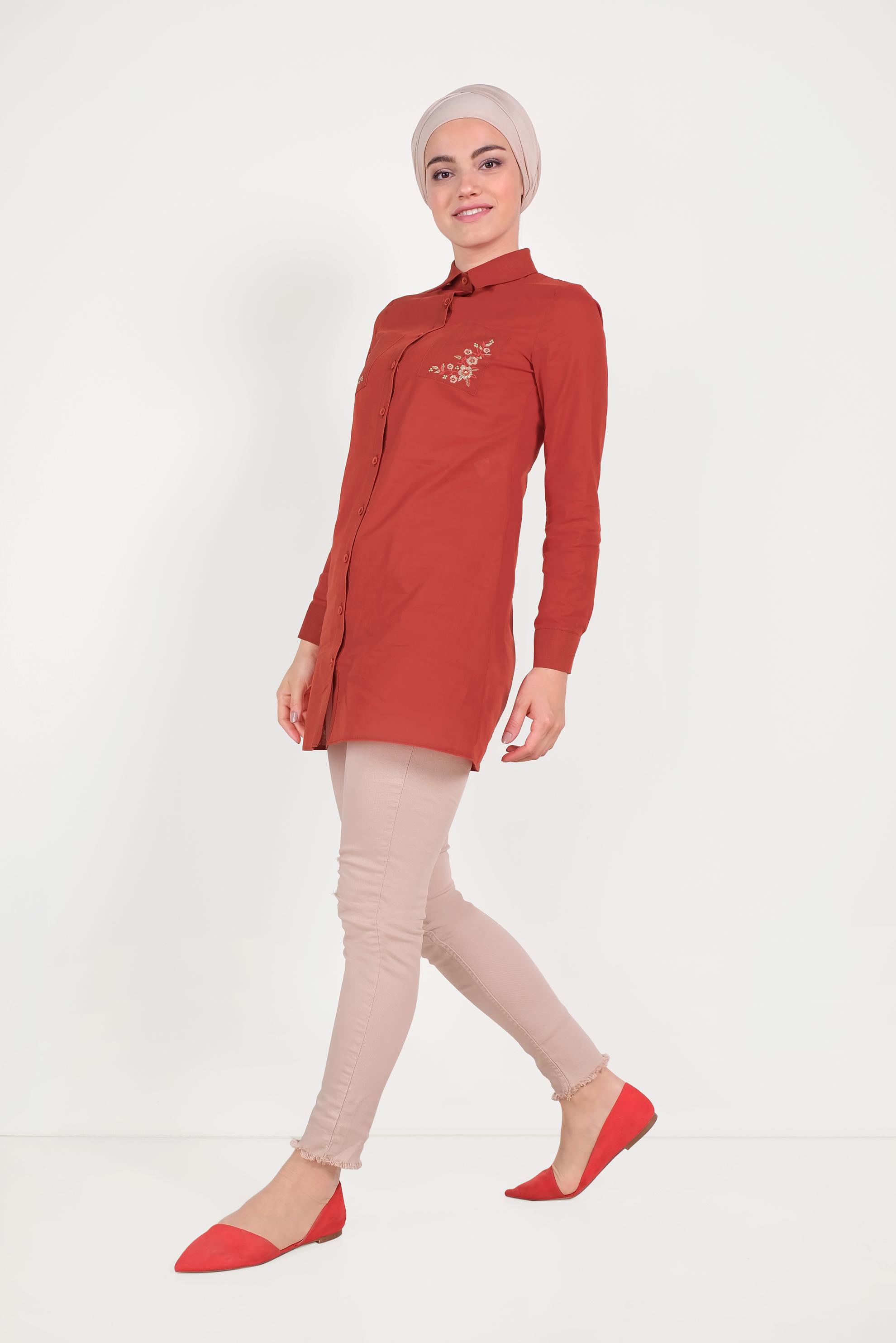 Tesettür giyim TURUNCU CEPLERİ NAKIŞLI TUNİK 40563 