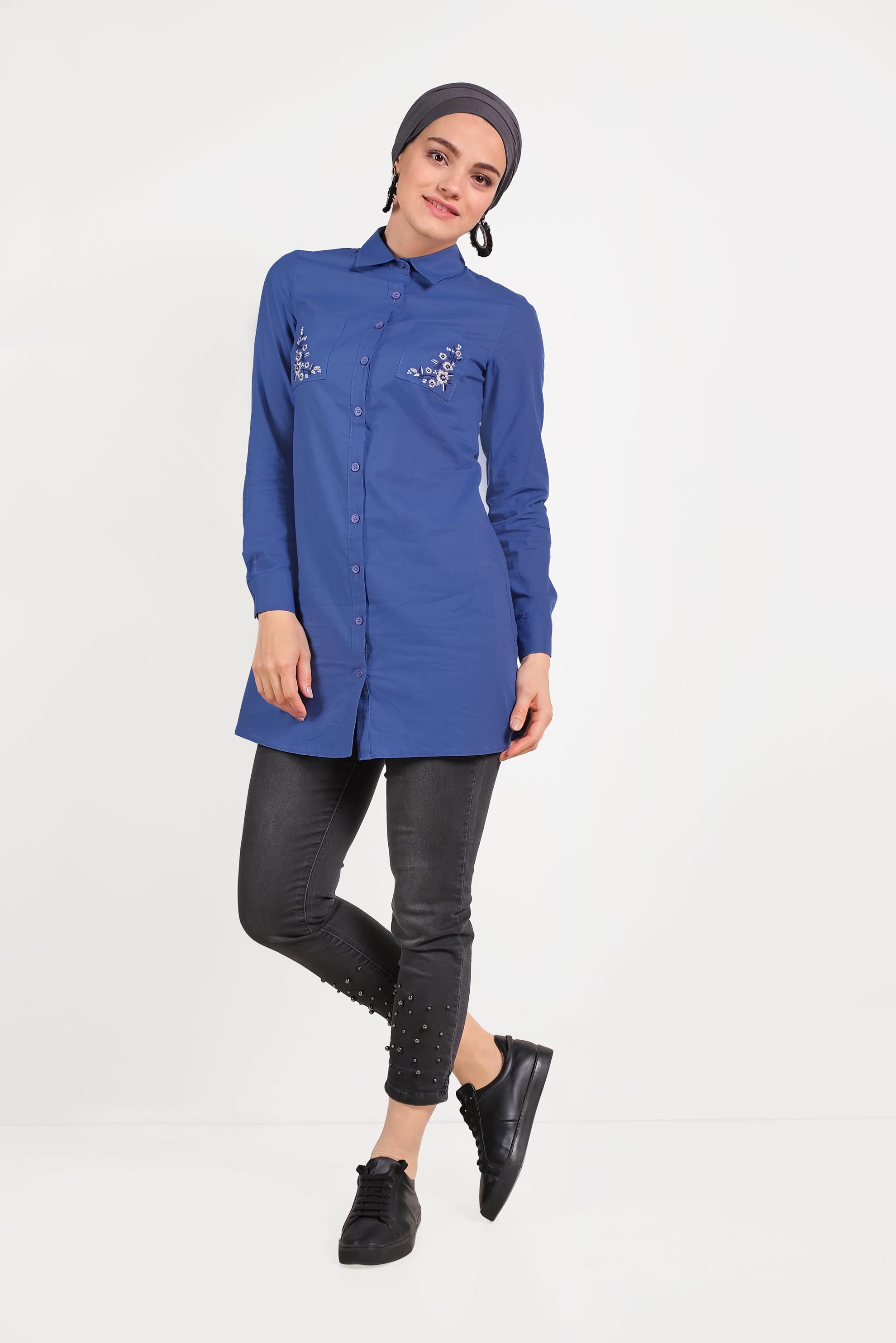 Tesettür giyim LACİVERT CEPLERİ NAKIŞLI TUNİK 40563 