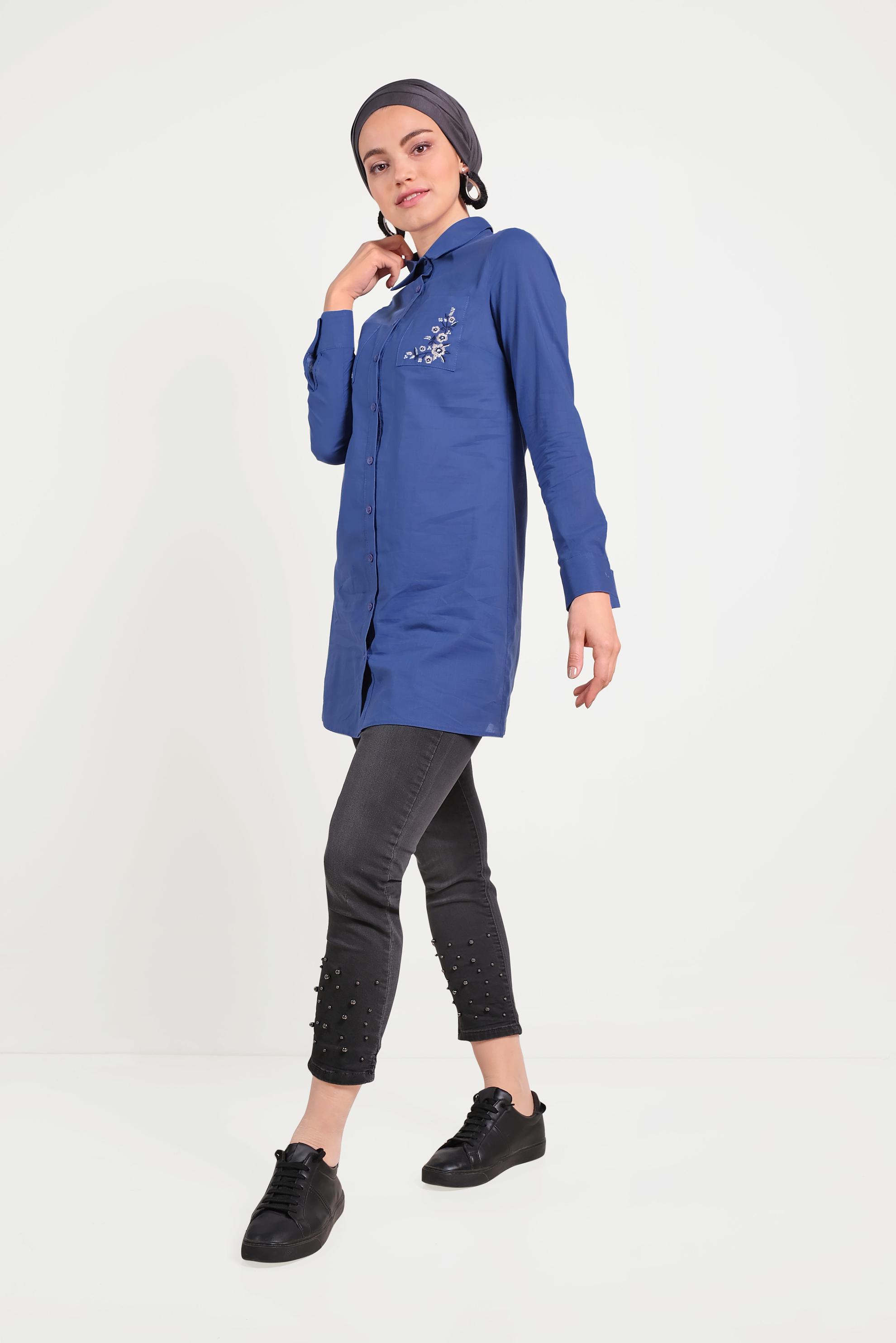 Tesettür giyim LACİVERT CEPLERİ NAKIŞLI TUNİK 40563 