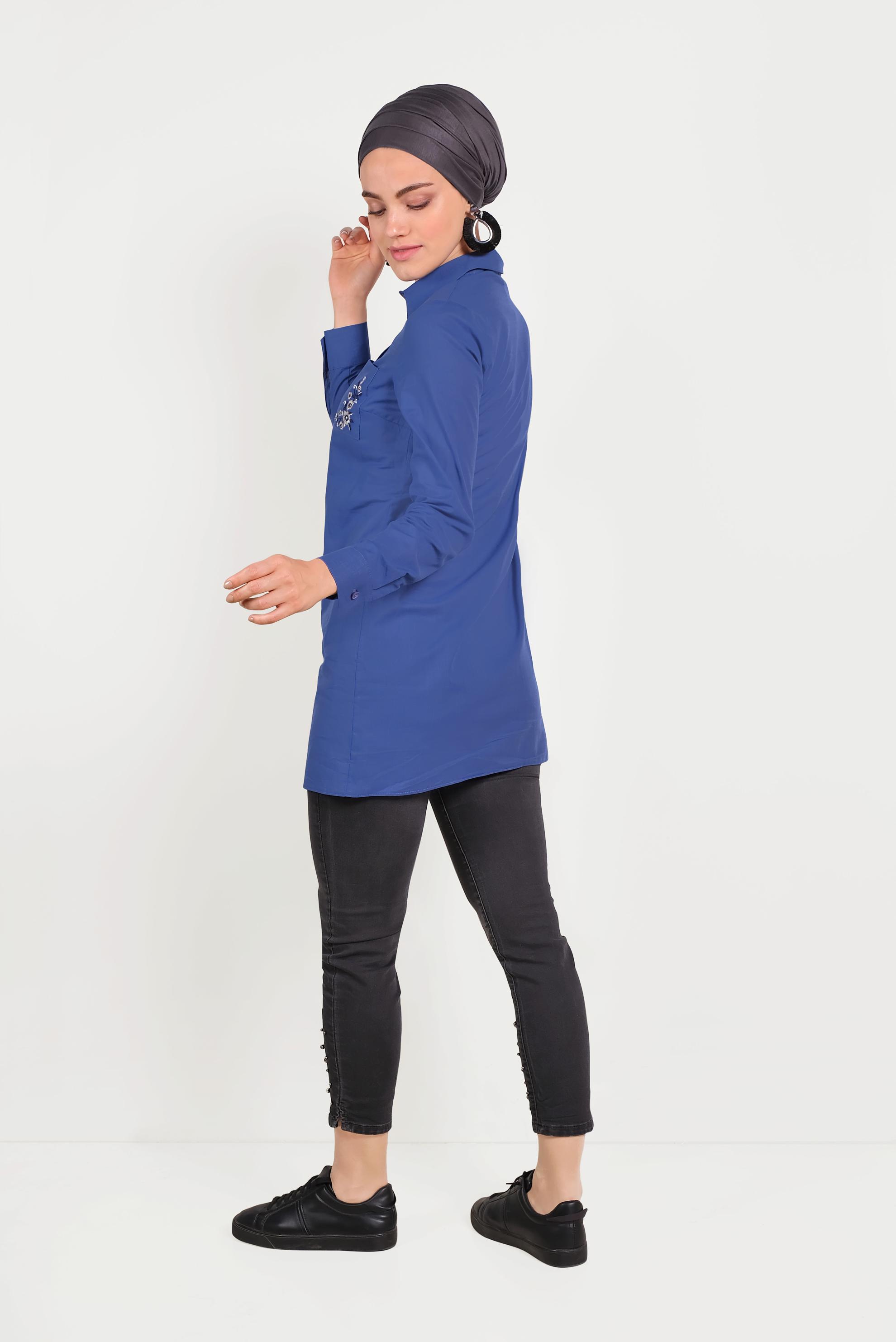 Tesettür giyim LACİVERT CEPLERİ NAKIŞLI TUNİK 40563 