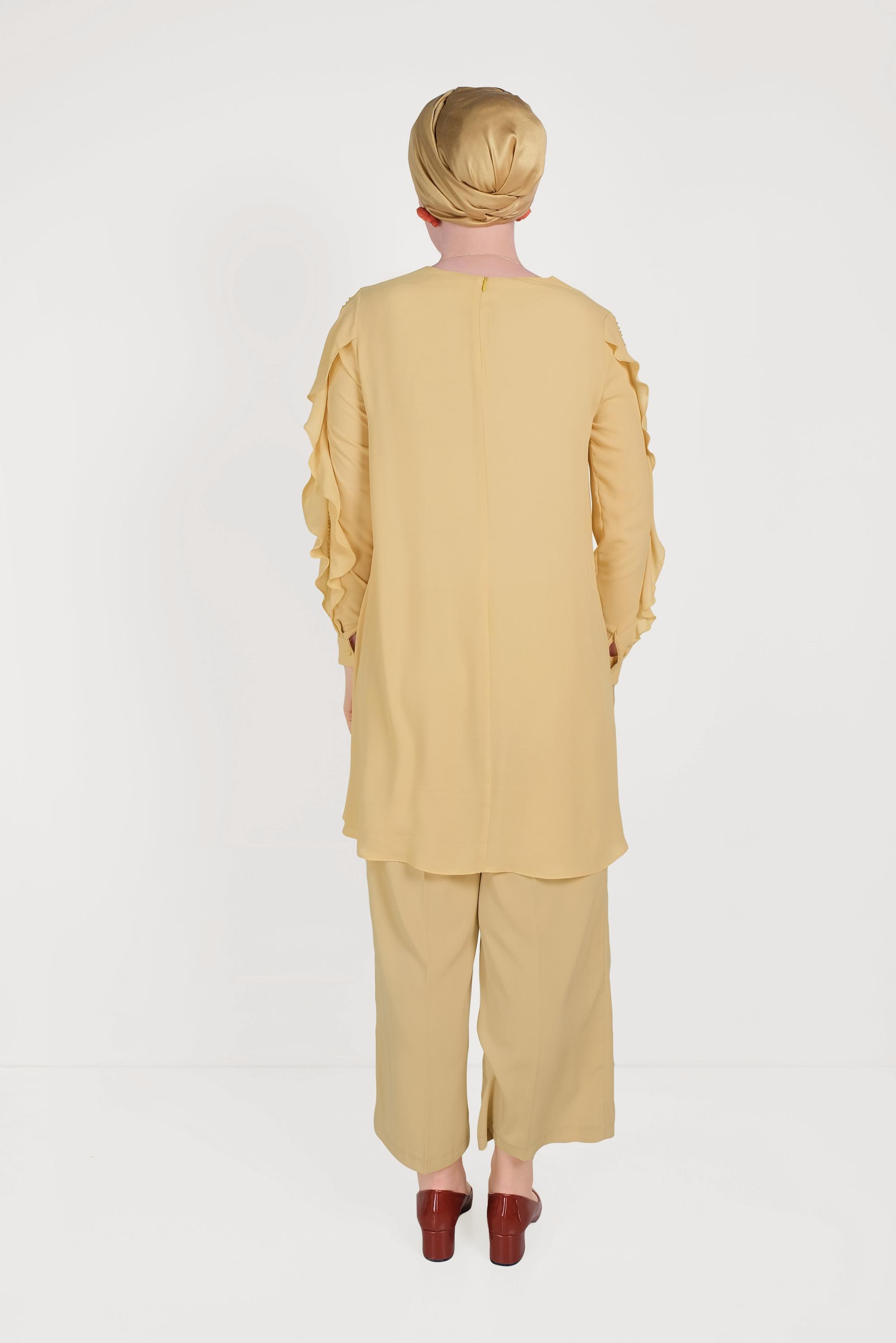 Tesettür giyim SARI KOLLARI FIRFIRLI TUNİK 40565