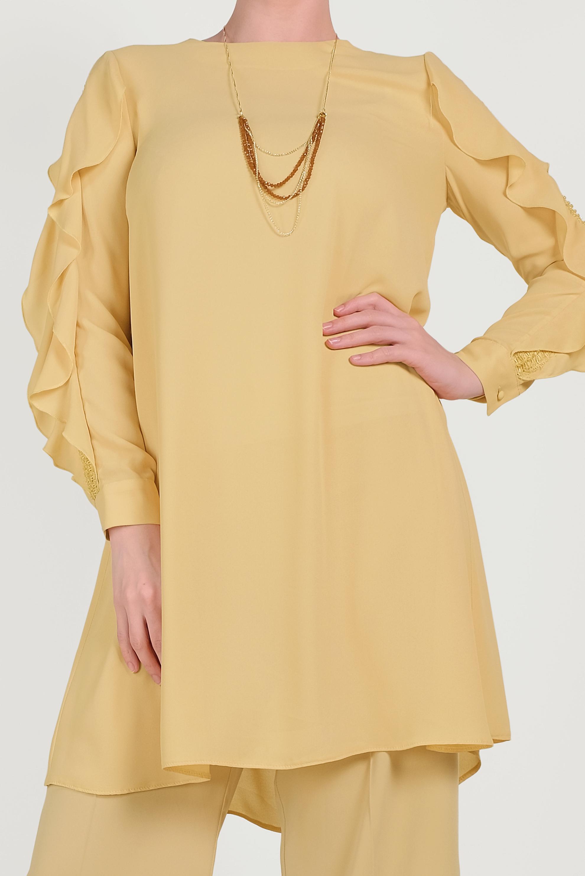 Tesettür giyim SARI KOLLARI FIRFIRLI TUNİK 40565