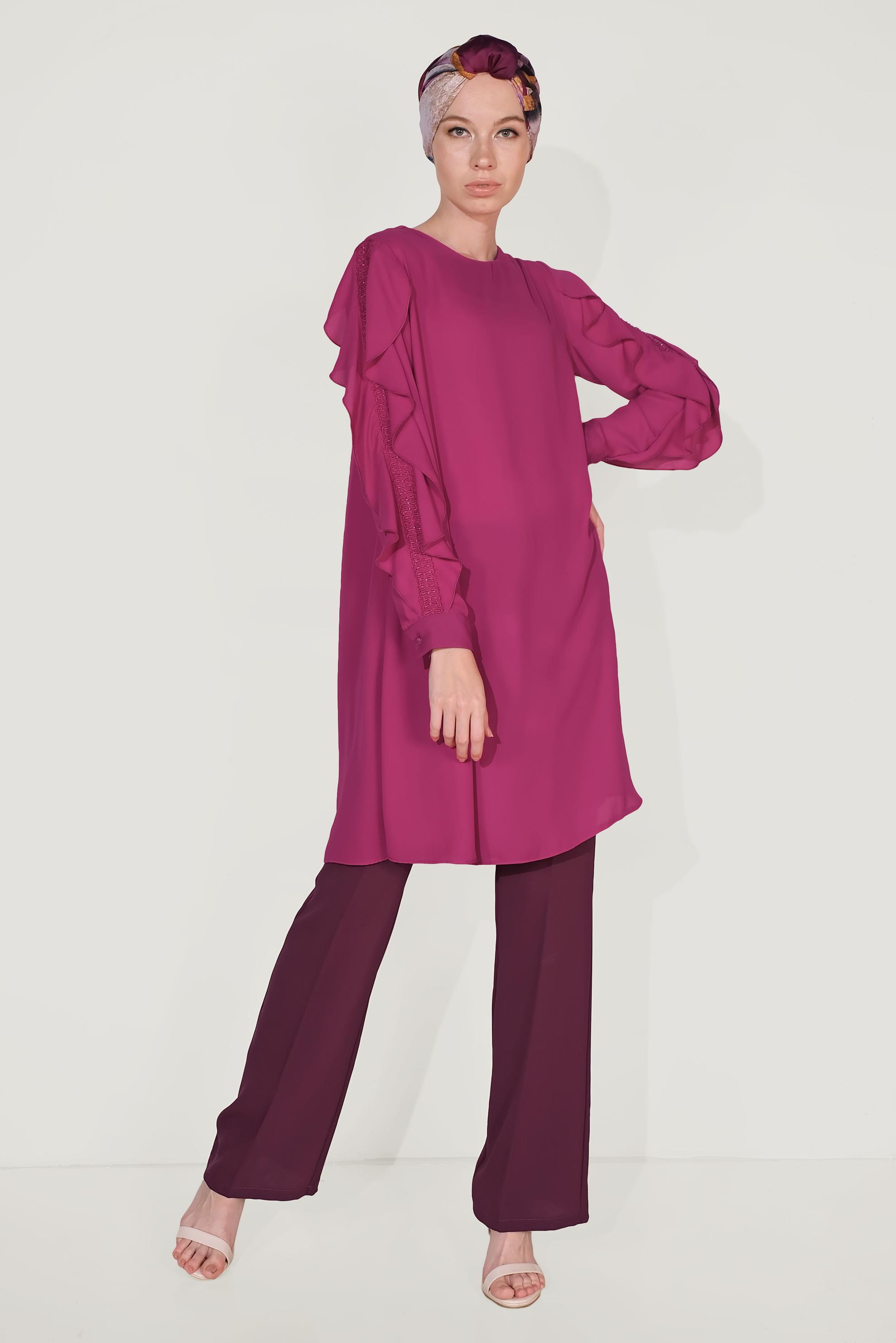 Tesettür giyim MOR KOLLARI FIRFIRLI TUNİK 40565