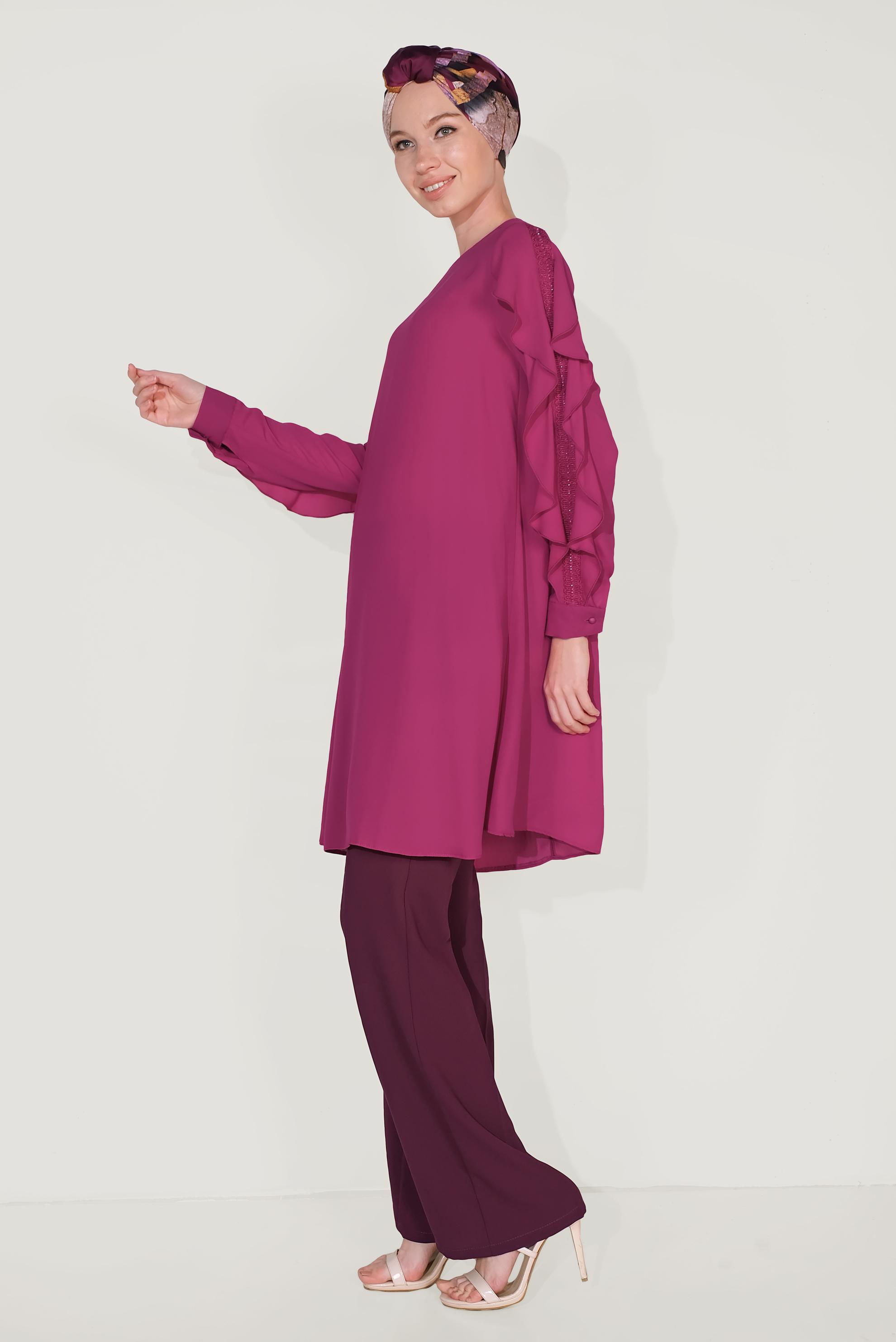 Tesettür giyim MOR KOLLARI FIRFIRLI TUNİK 40565
