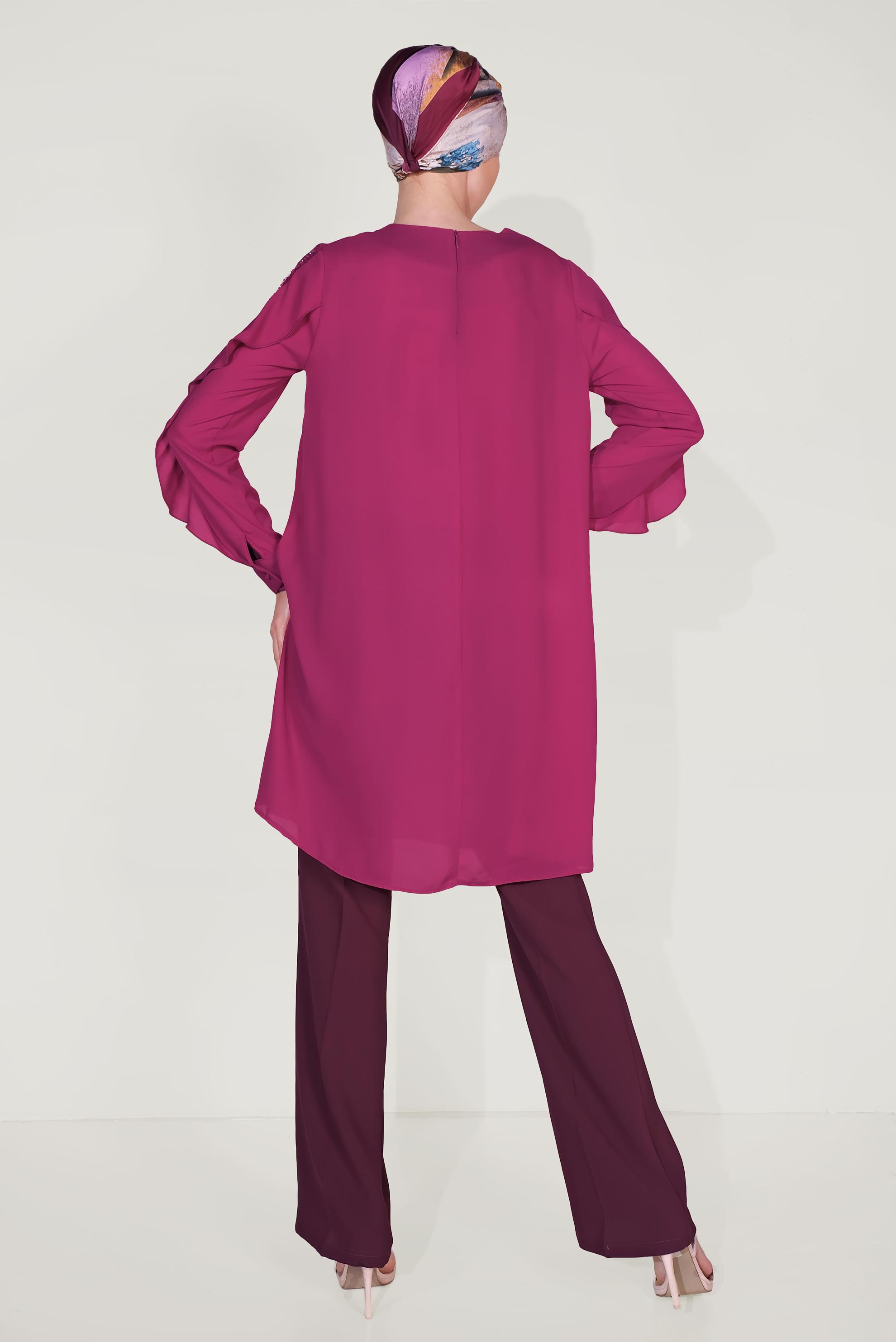 Tesettür giyim MOR KOLLARI FIRFIRLI TUNİK 40565