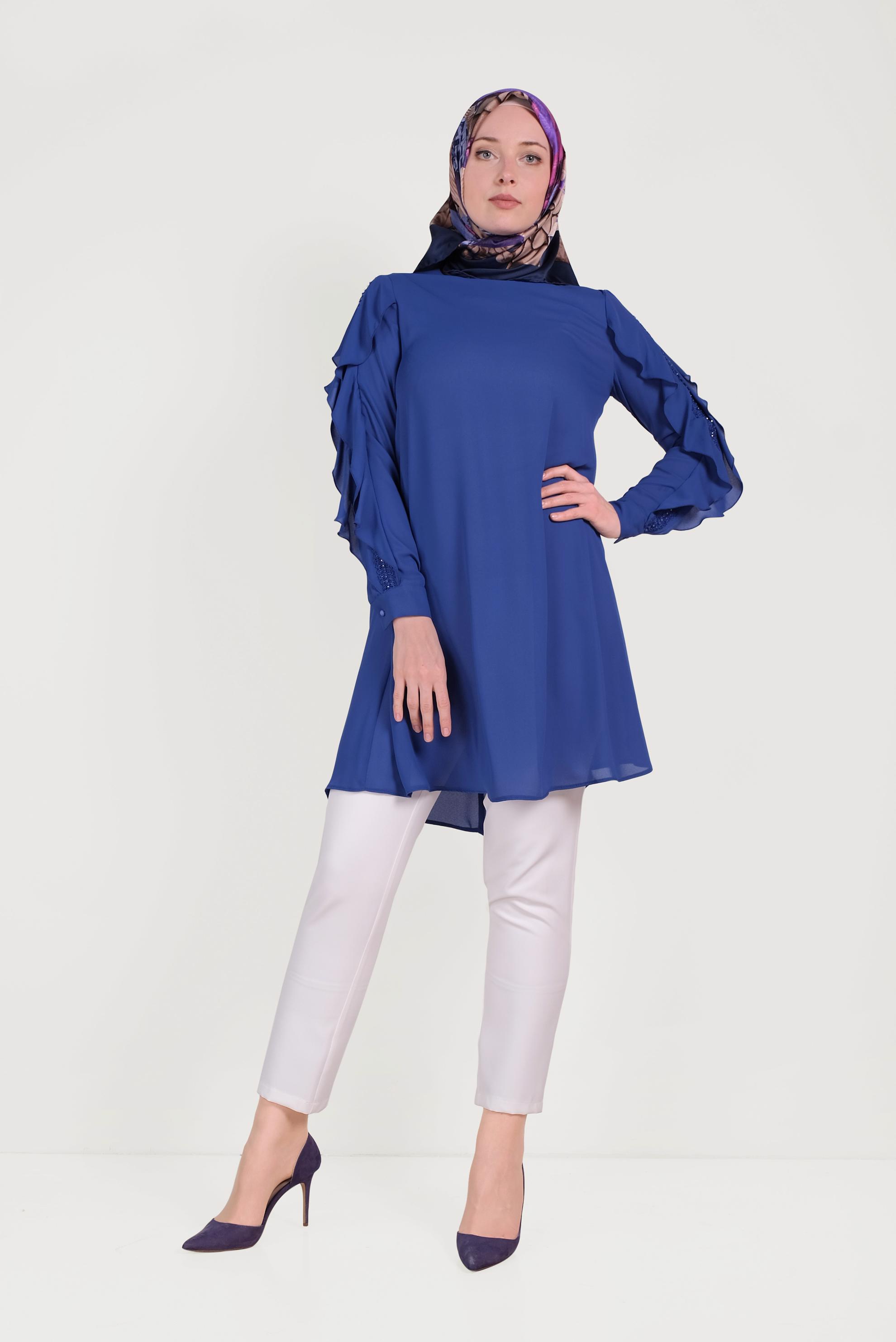 Tesettür giyim MAVİ KOLLARI FIRFIRLI TUNİK 40565