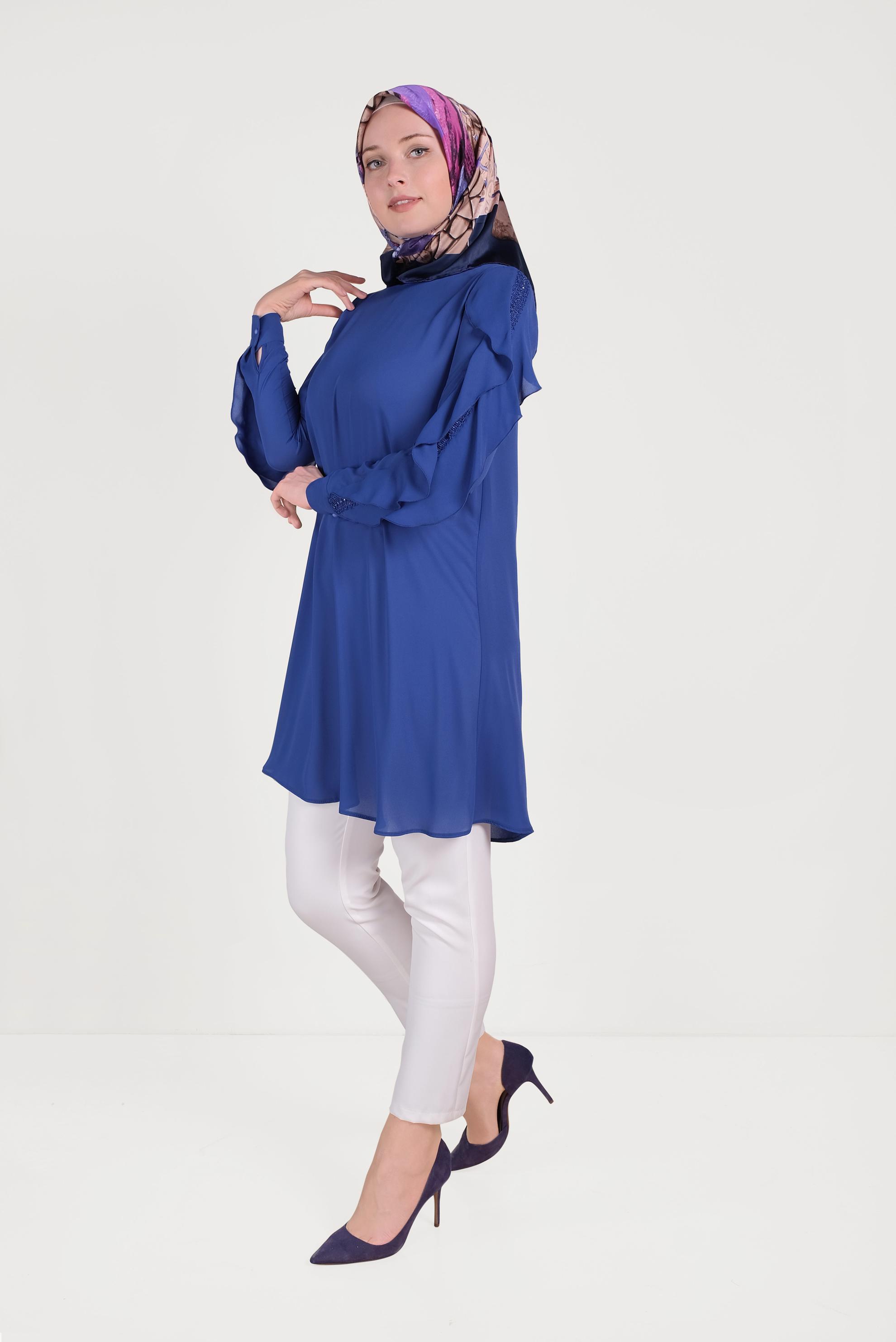 Tesettür giyim MAVİ KOLLARI FIRFIRLI TUNİK 40565