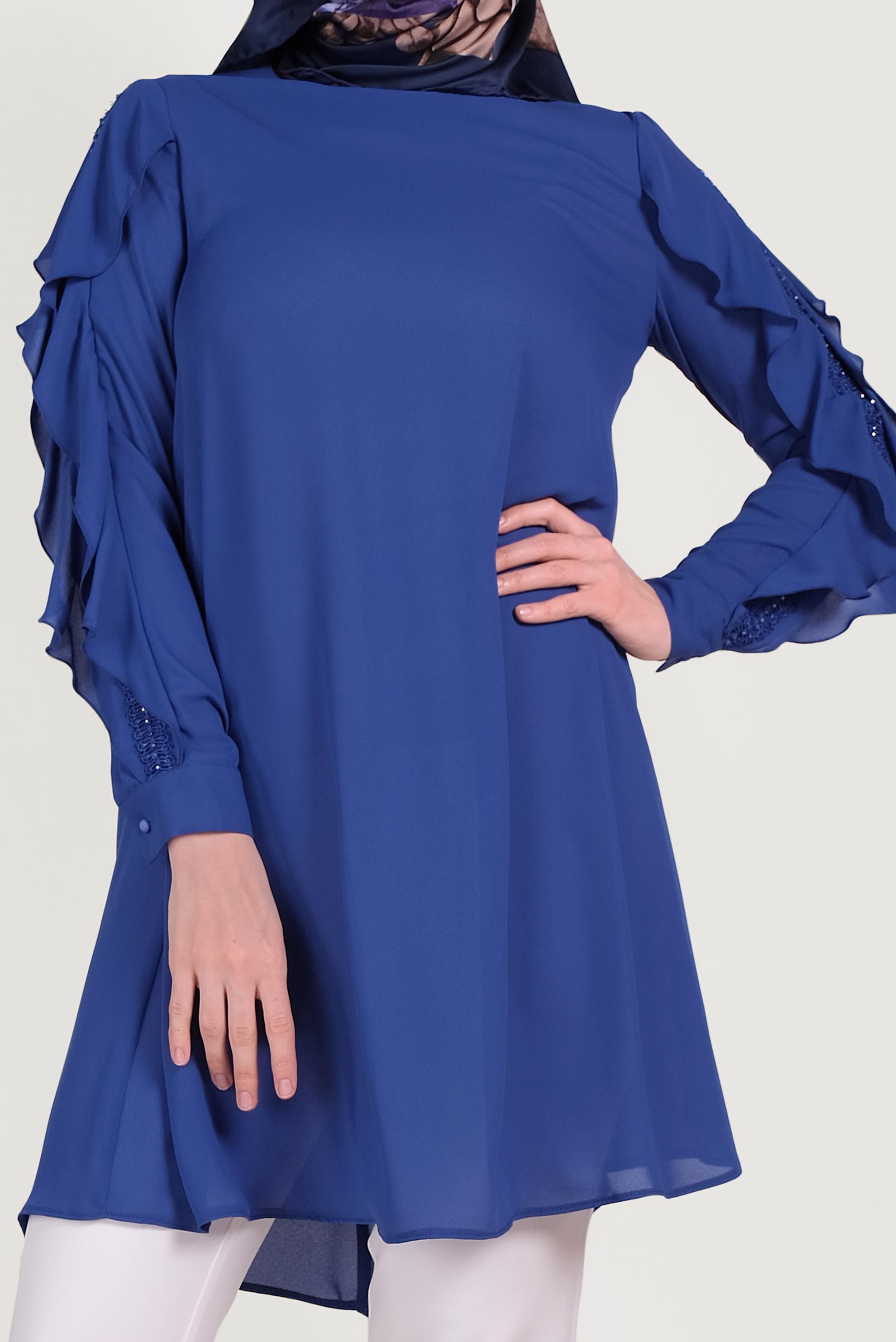 Tesettür giyim MAVİ KOLLARI FIRFIRLI TUNİK 40565