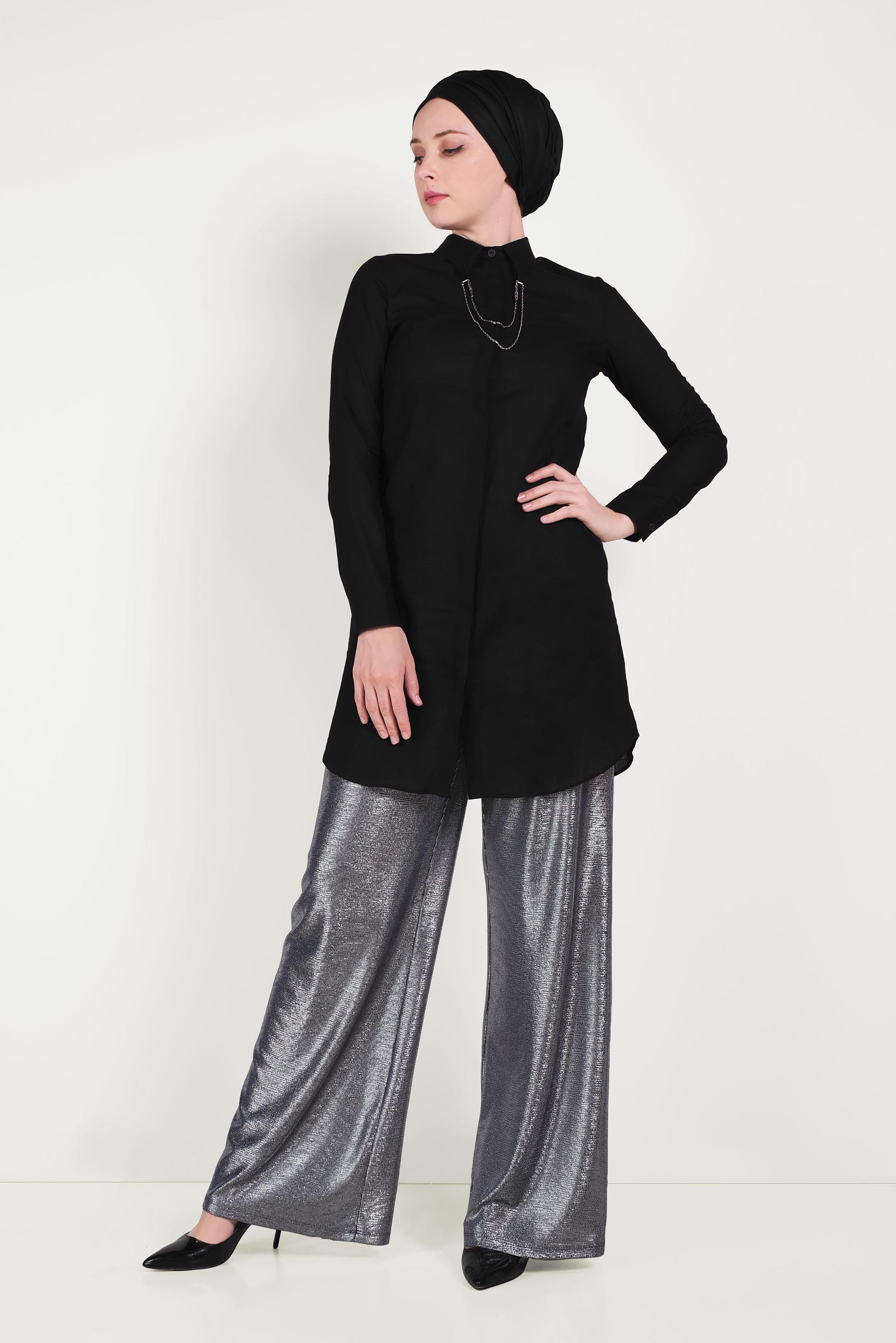Tesettür giyim SİYAH DÜĞMELİ PAMUKLU TUNİK 40577