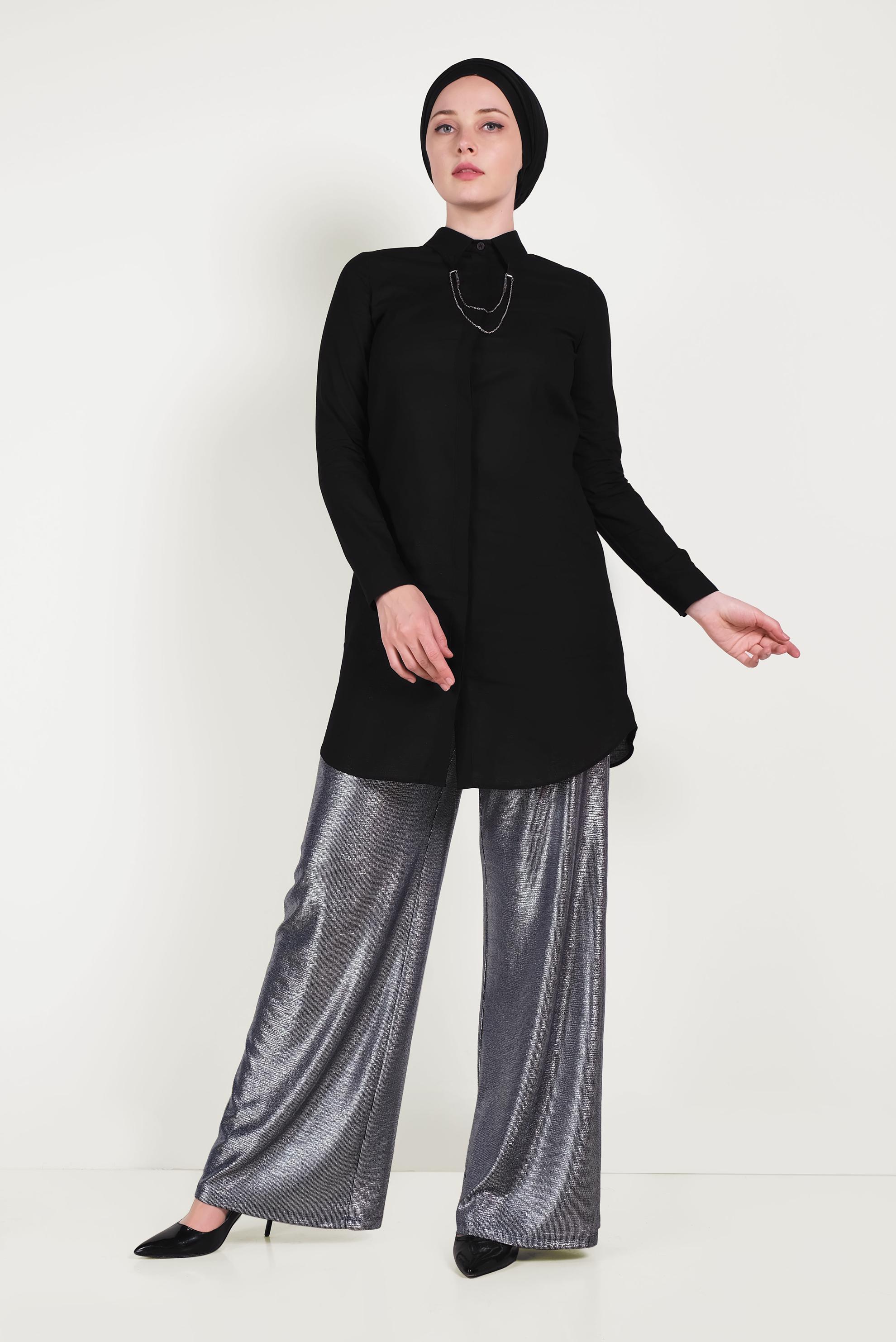 Tesettür giyim SİYAH DÜĞMELİ PAMUKLU TUNİK 40577