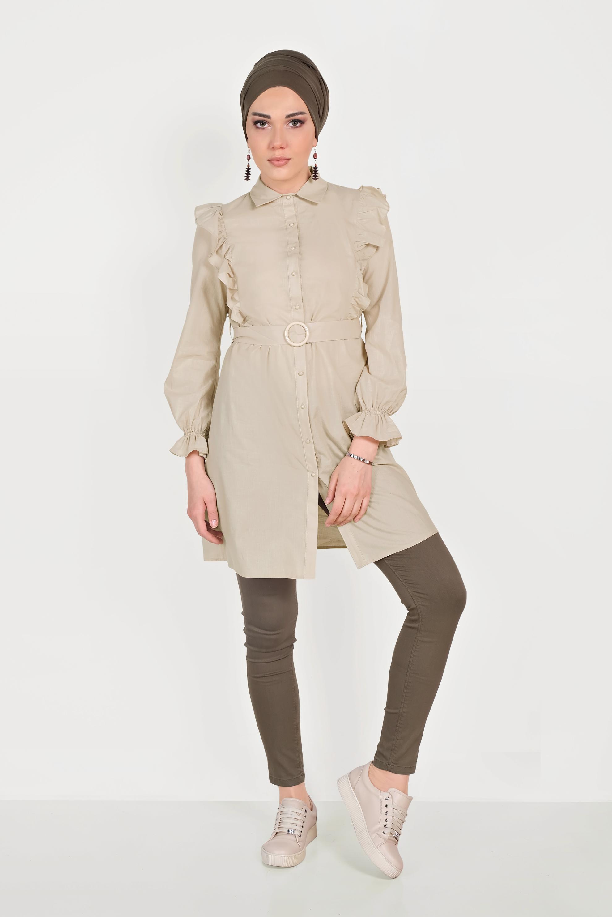 Tesettür giyim BEJ PAMUKLU FIRFIR DETAYLI  TUNİK 40588