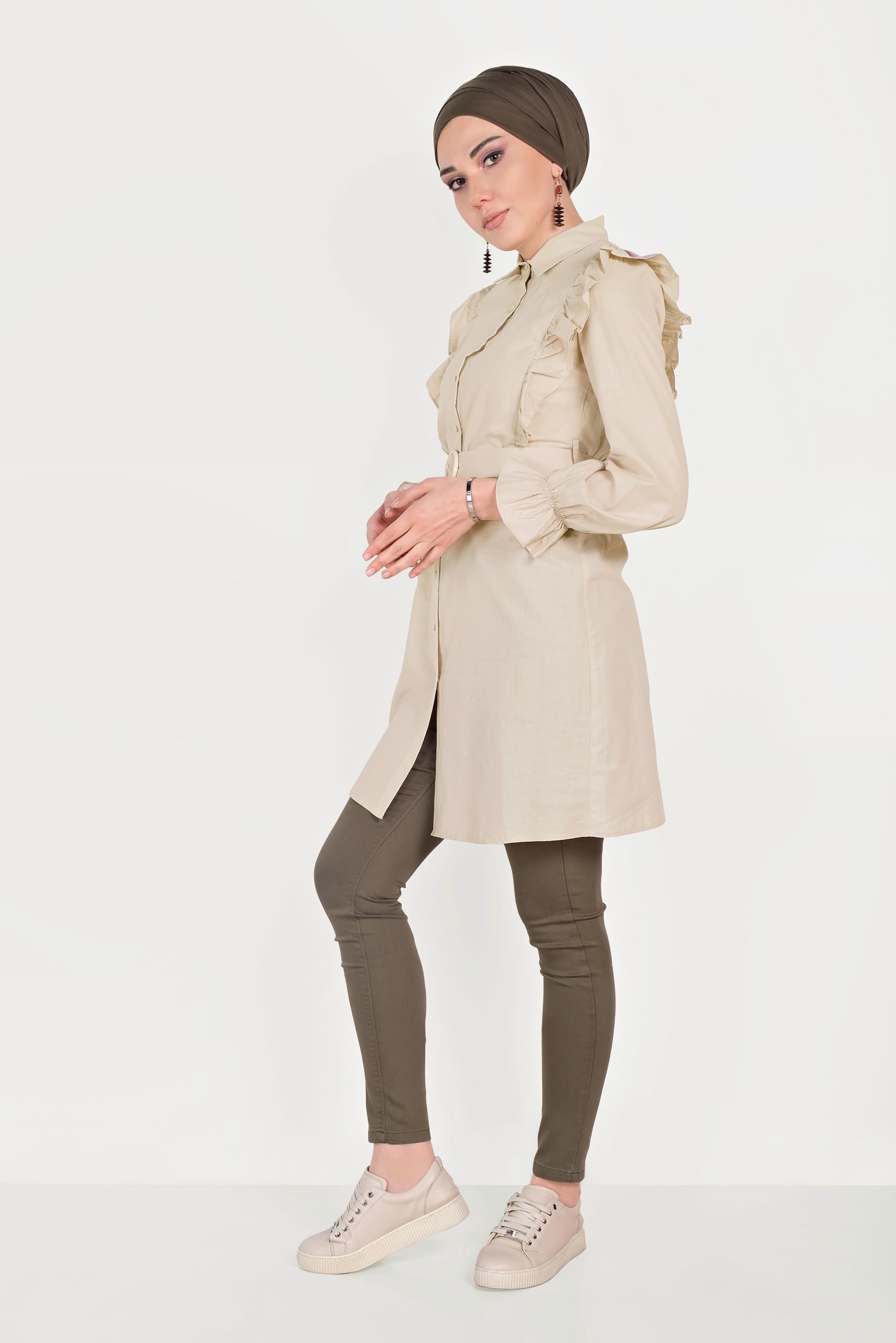 Tesettür giyim BEJ PAMUKLU FIRFIR DETAYLI  TUNİK 40588