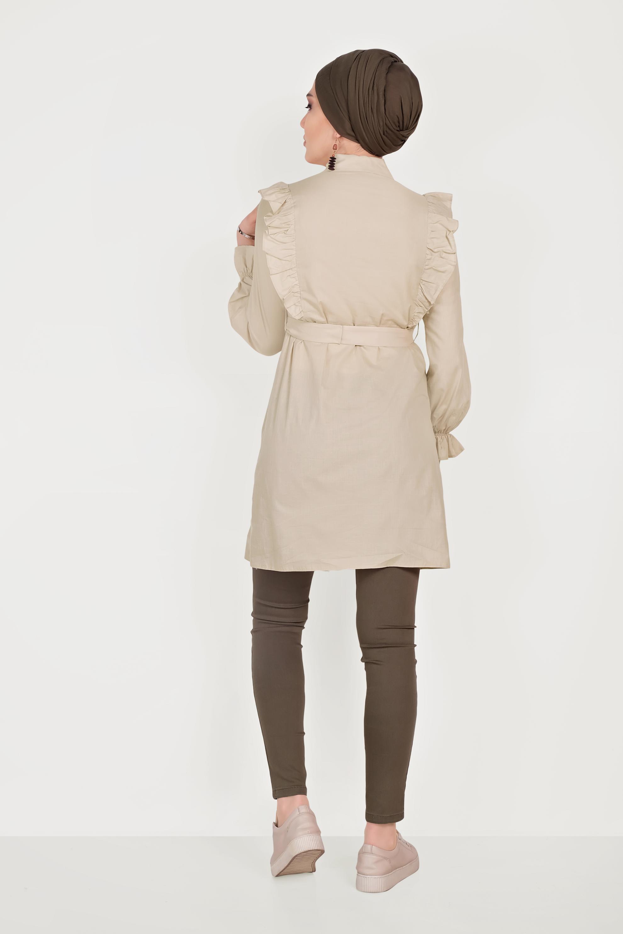 Tesettür giyim BEJ PAMUKLU FIRFIR DETAYLI  TUNİK 40588