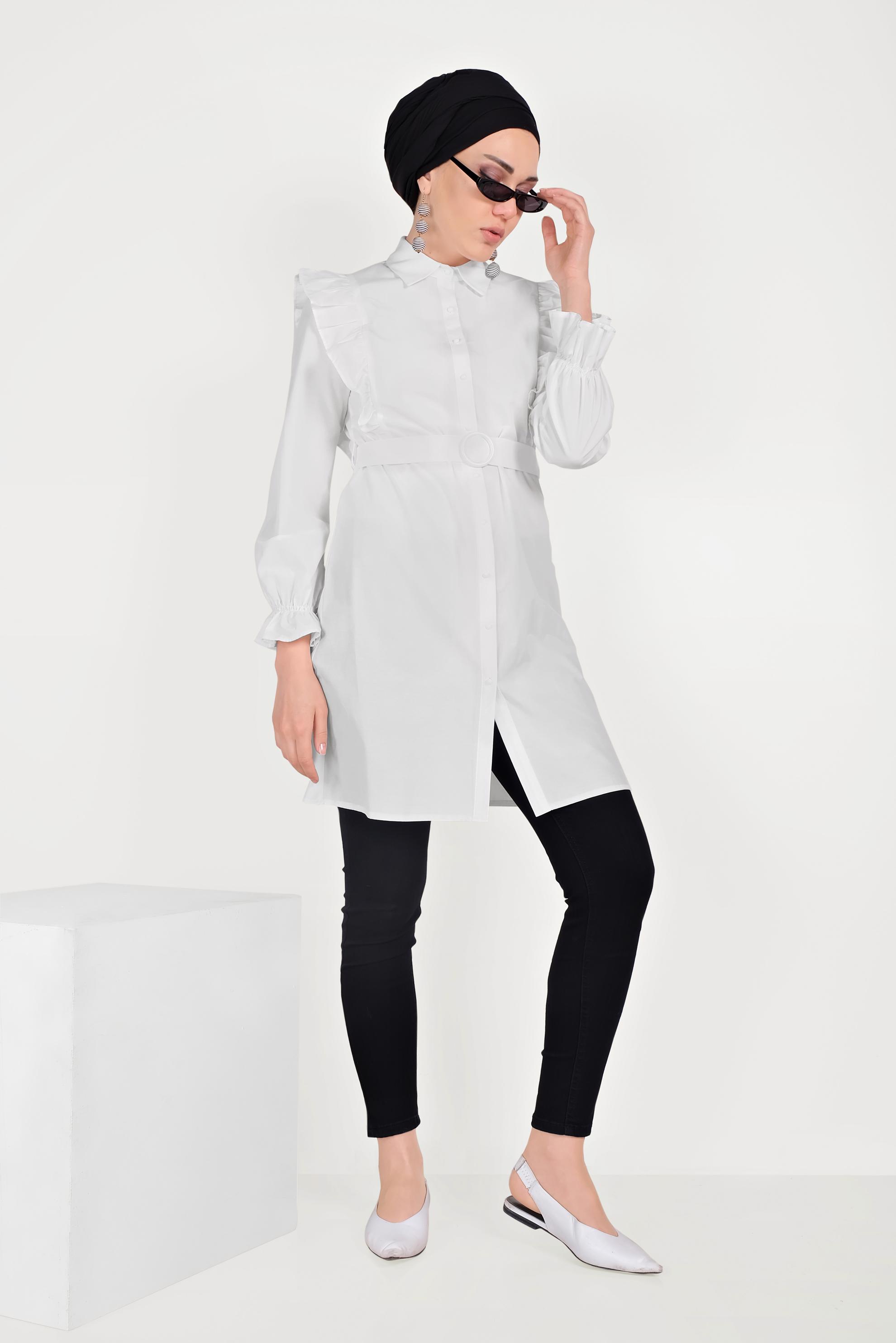 Tesettür giyim BEYAZ PAMUKLU FIRFIR DETAYLI  TUNİK 40588