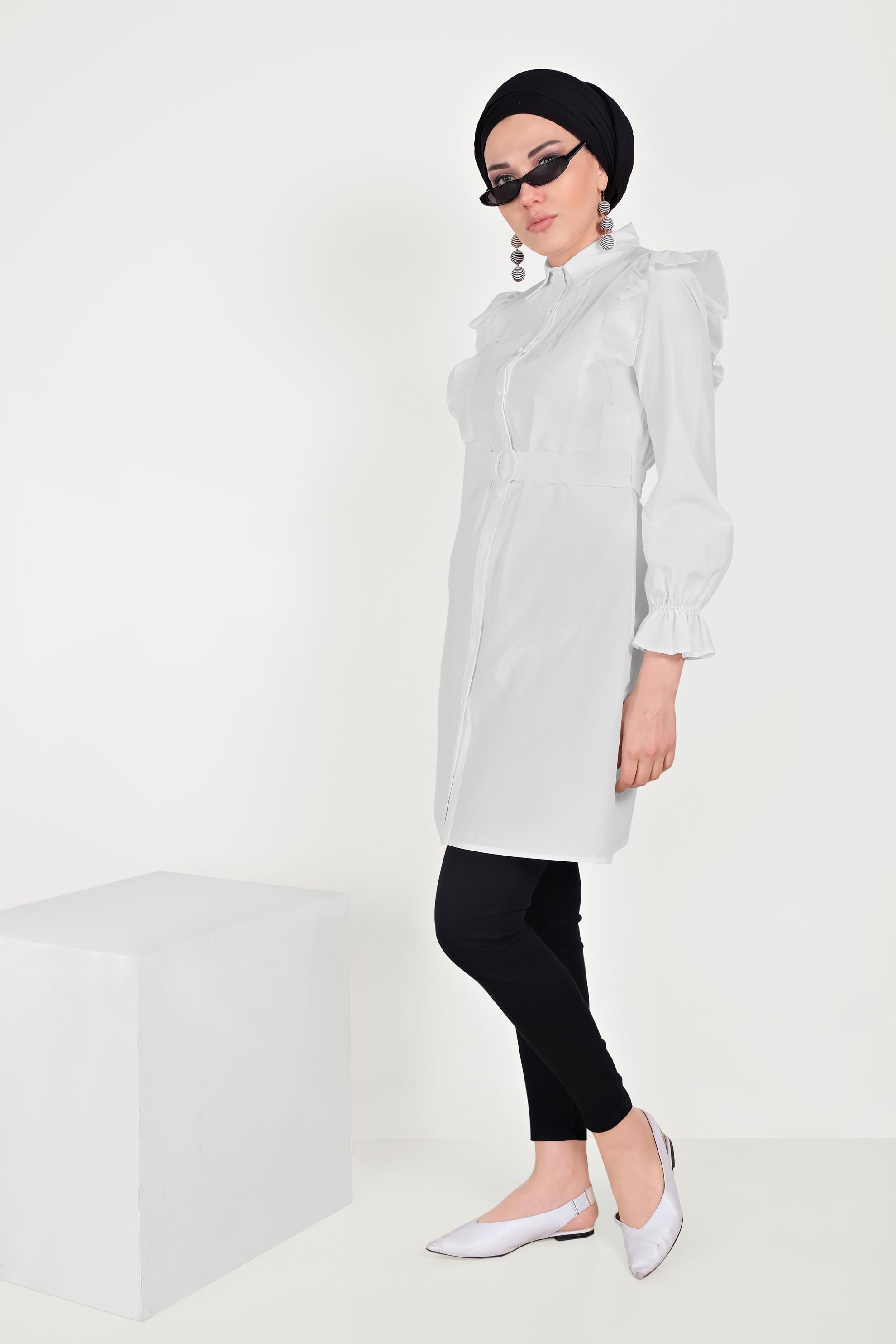 Tesettür giyim BEYAZ PAMUKLU FIRFIR DETAYLI  TUNİK 40588