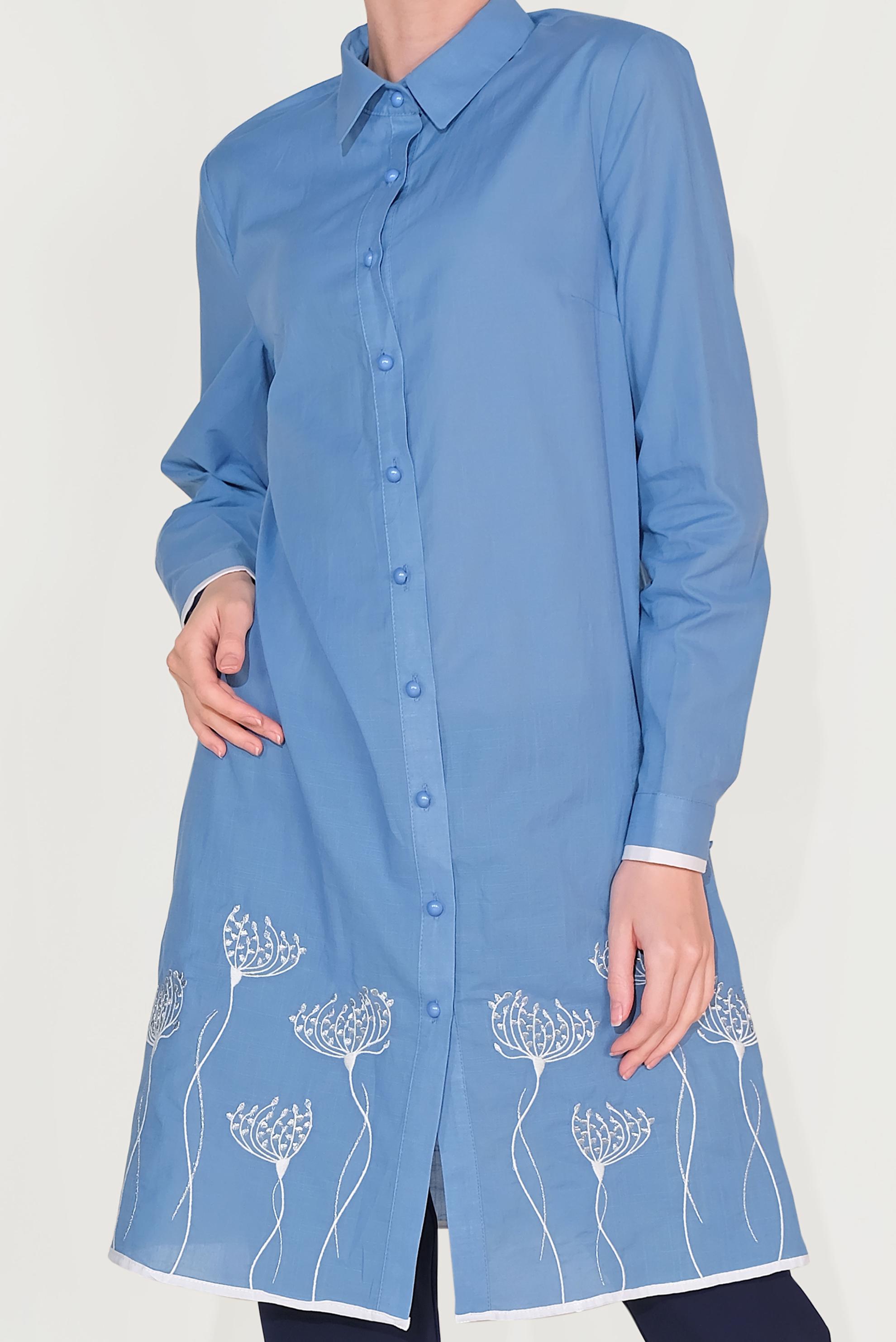 Tesettür giyim MAVİ PAMUKLU NAKIŞ DETAYLI DÜĞMELİ TUNİK 40589 