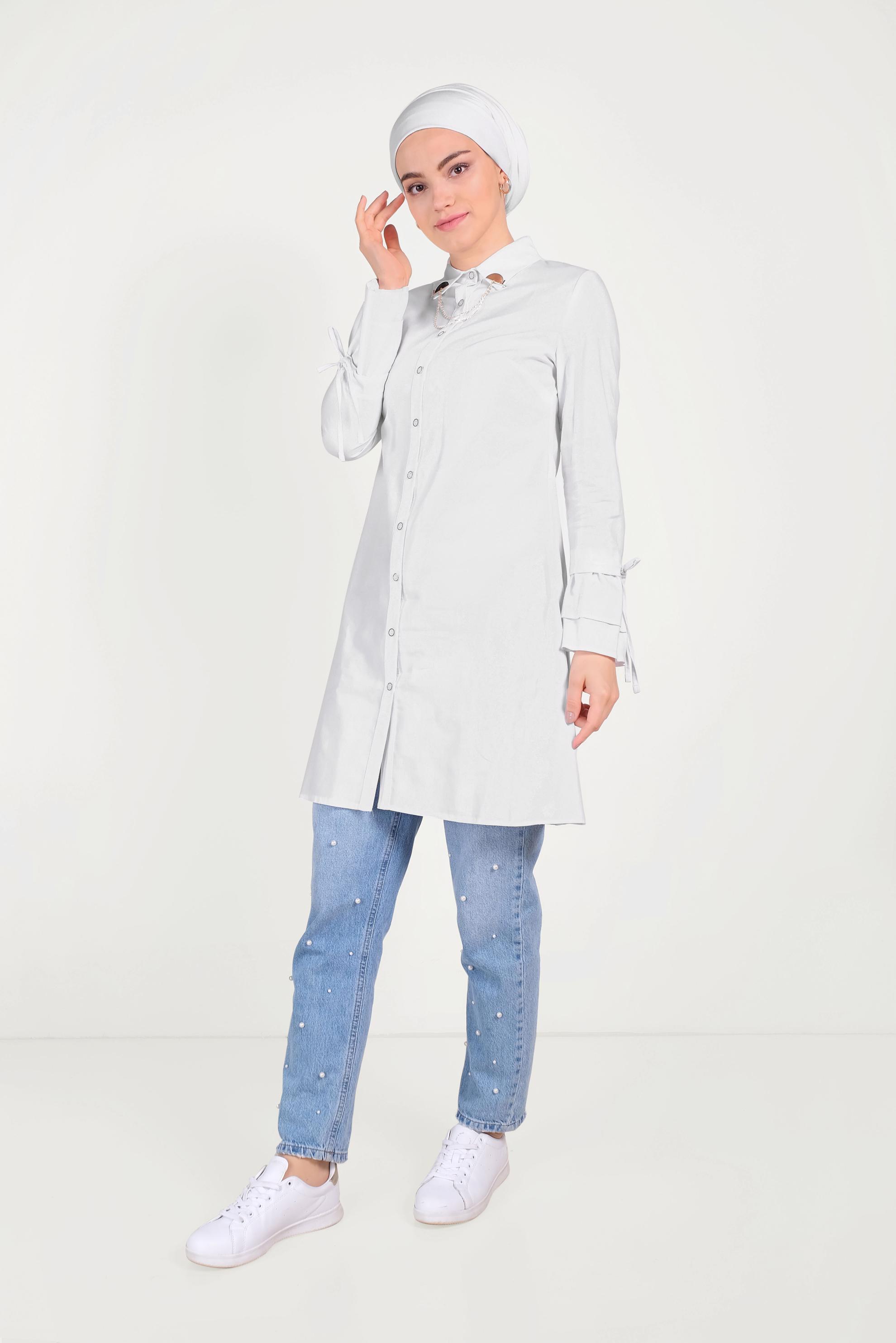Tesettür giyim BEYAZ PAMUKLU KOLLARI BÜZGÜLÜ TUNİK 40590 